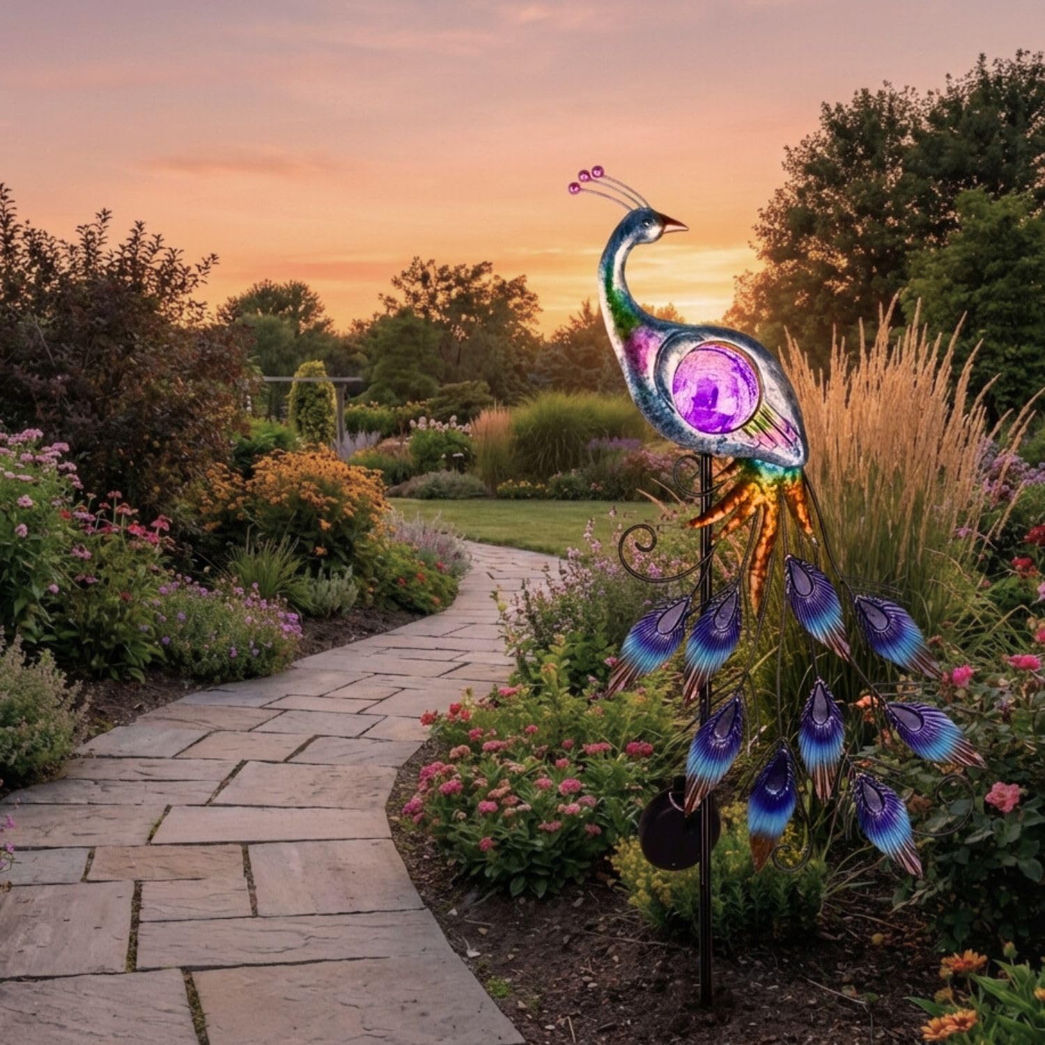 TERESA'S COLLECTIONS Solar Garden Lights Outdoor Garden Decor, Metal Peacock Decorations for Yard, 33'' Purple Decorative Garden Stake for Outside with Crackle Glass Ball, Lawn Party Gifts for Mom