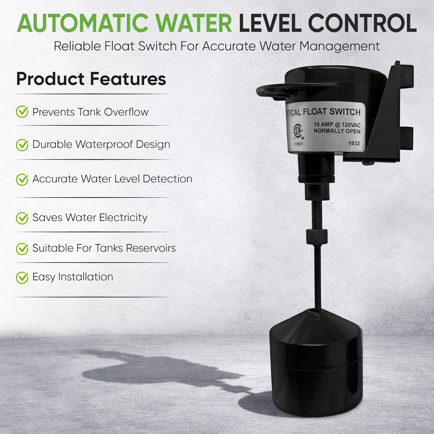 PumpSpy Vertical Float Switch for Sump Pumps – Universal Pump Switch Replacement with 10 ft Cord, Water Level Control