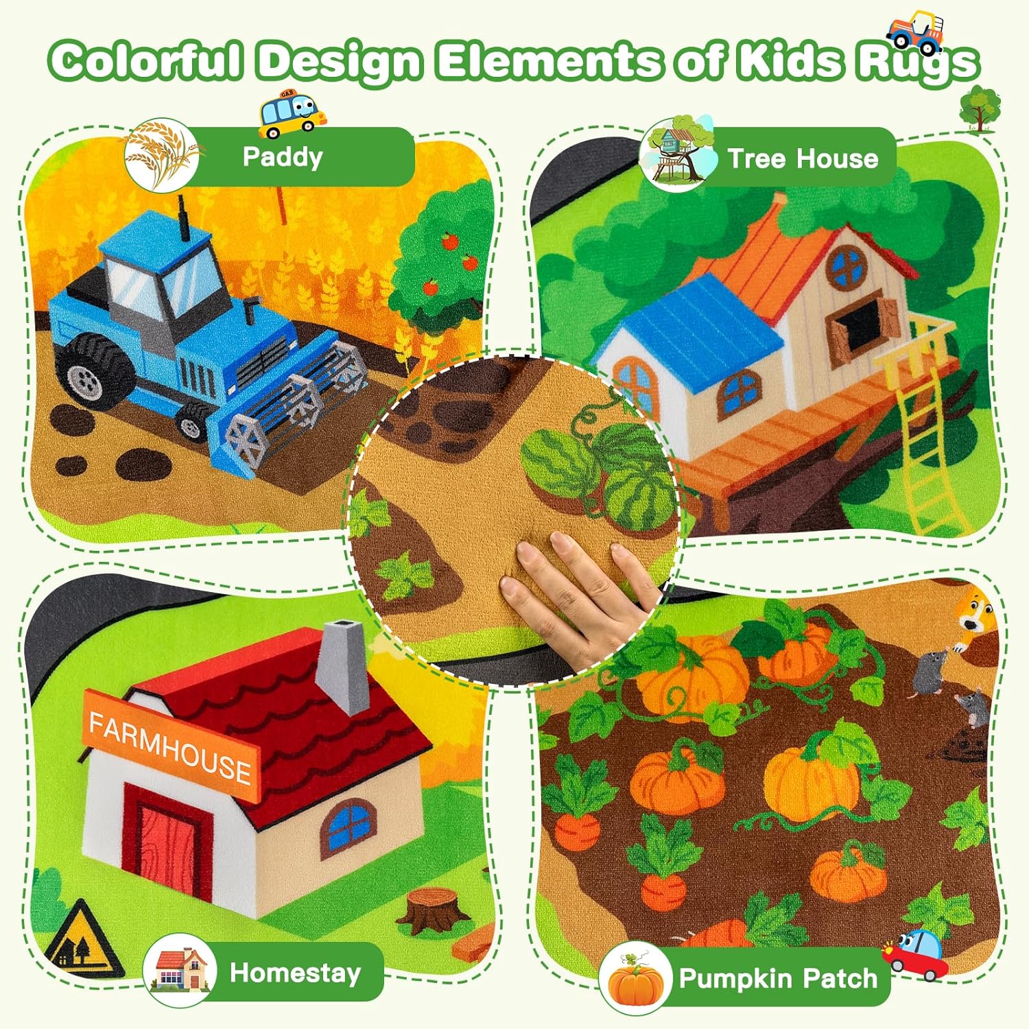 Kids Farm Play Rug, 3x5 Ft Happy Farm Activity Playmat, Extra Thick (0.4in) - Non-Slip Car Rugs for Kids' Toy Cars, Educational Play Mat Race Track Carpet for Kid's Room, Bedroom and Learning