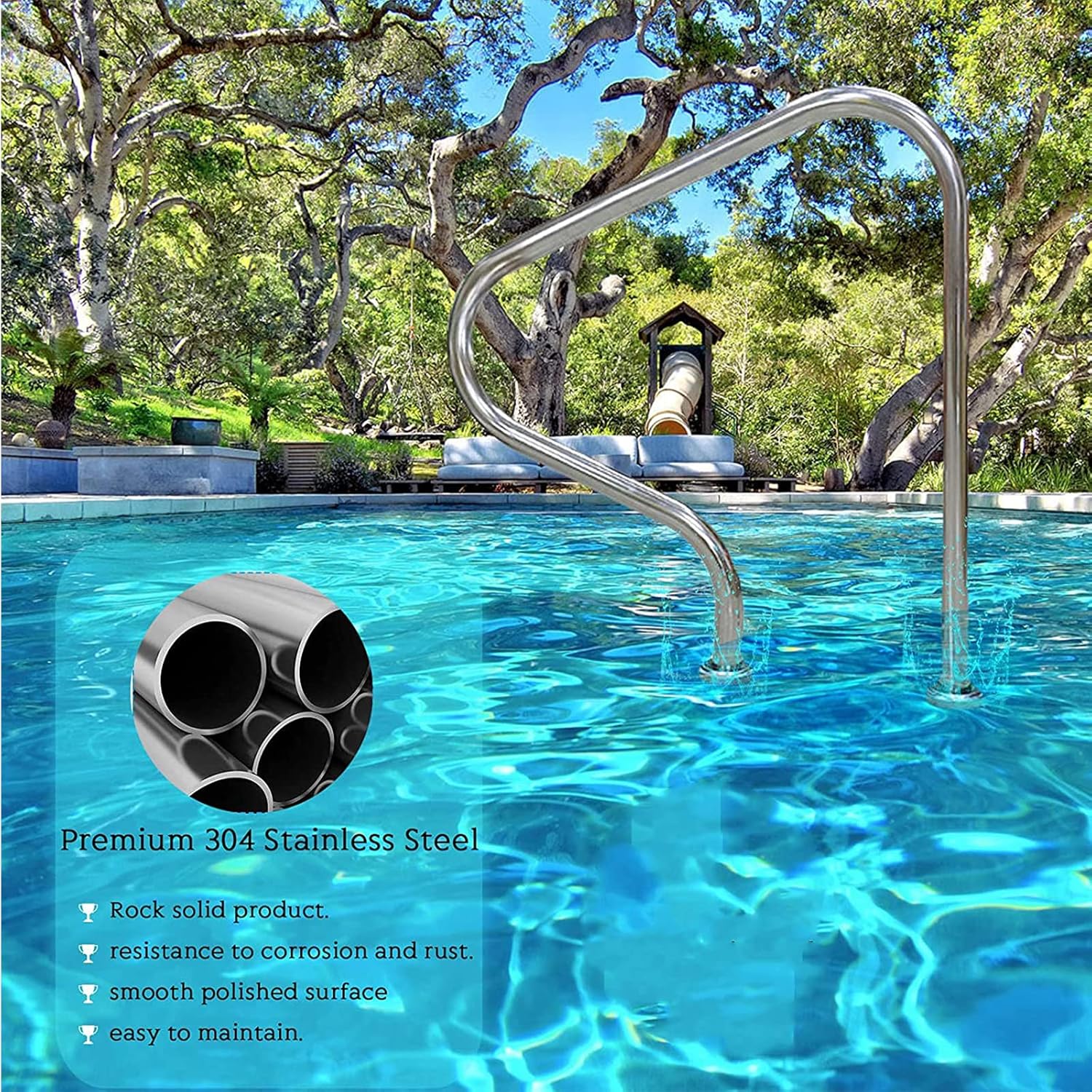 Swimming Pool Hand Rail, Stainless Steel 3-Bend Pool Stair Dual Pool Safety Handrails for Inground Pool with Quick Mount Brace Plate and Handle Pool Grab Ladder (Silver)