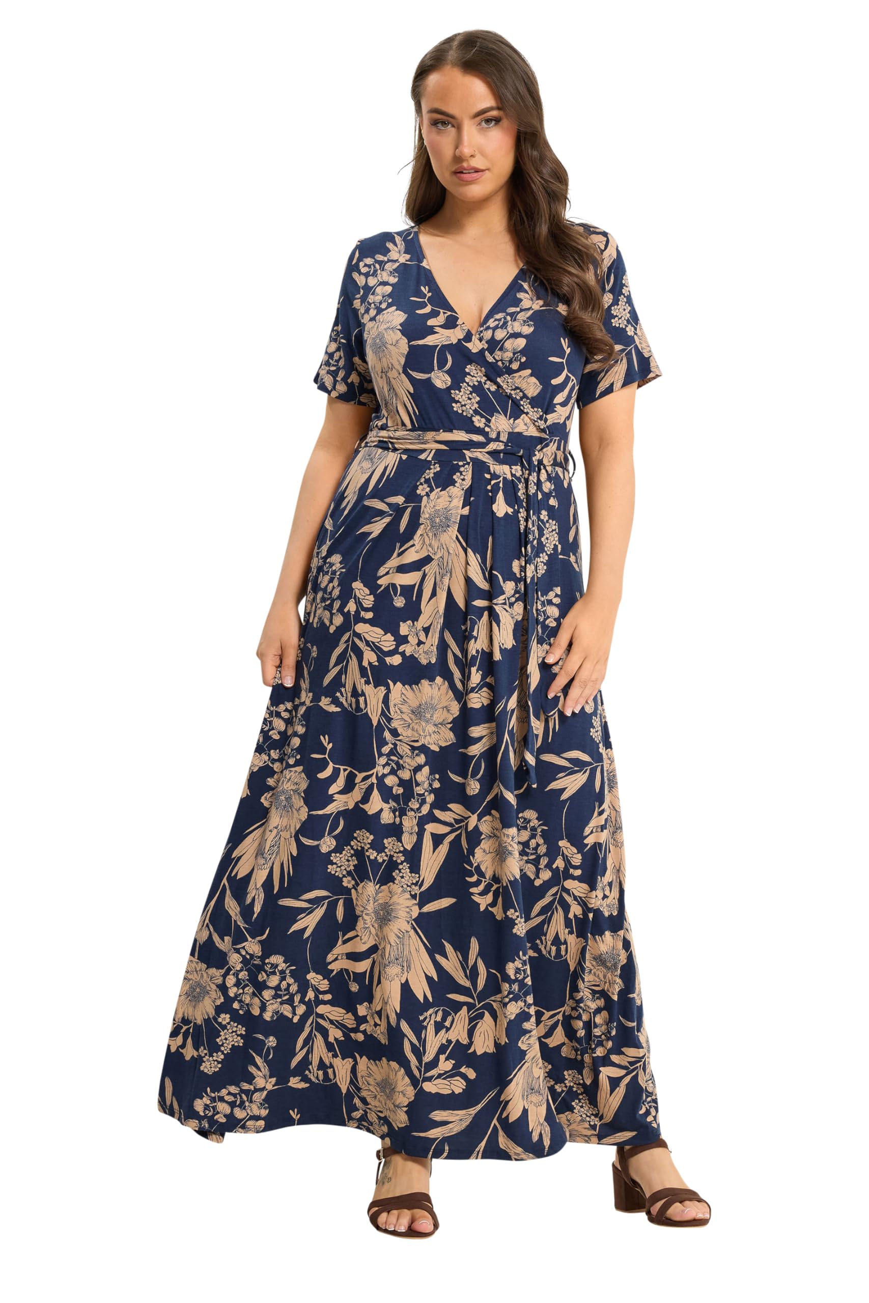 Yours - Women's Maxi Dress - Floral Wrap - V-Neck - Short Sleeve - Dark Navy