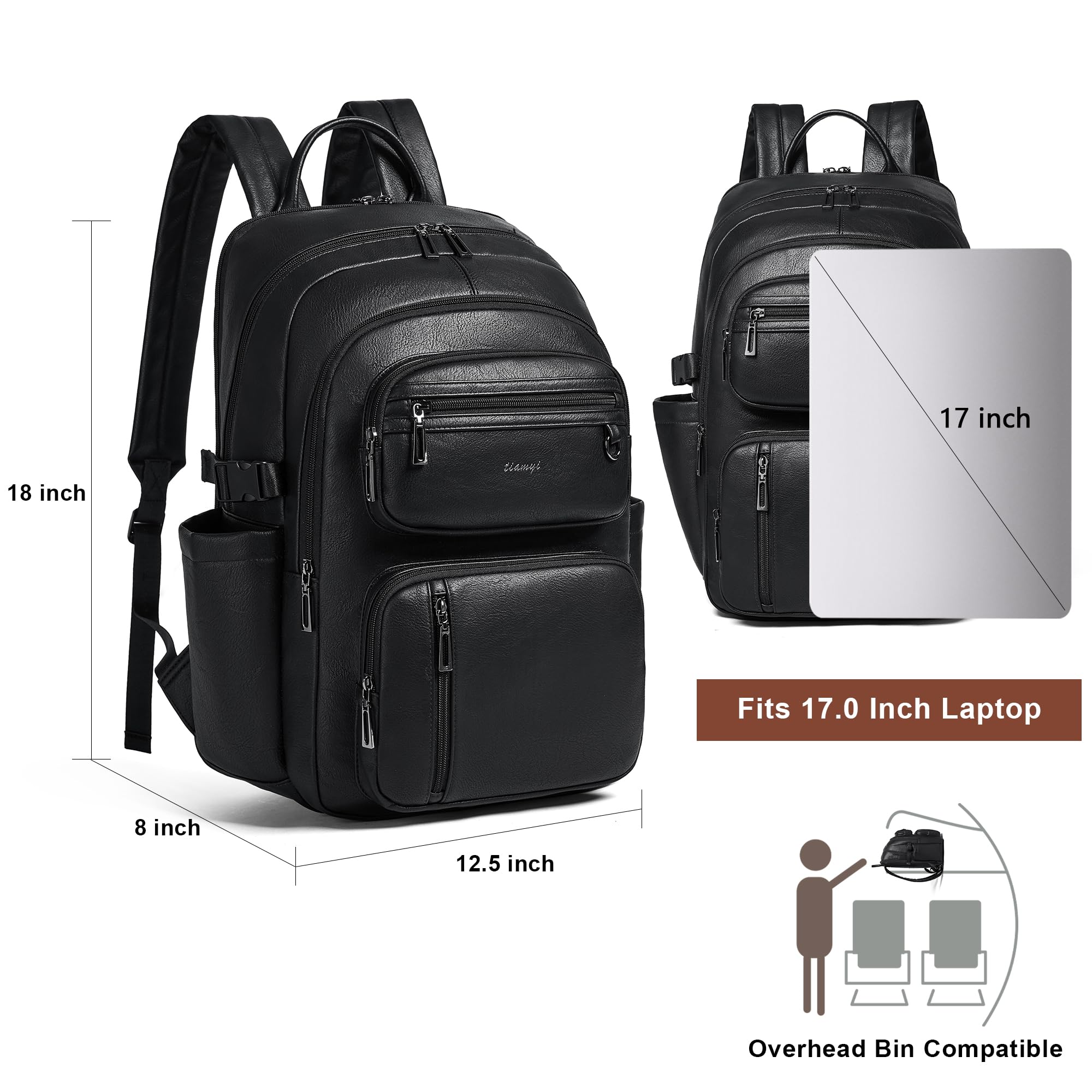 Mochila de cuero vegano, mochila de viaje TSA para hombres y mujeres, se adapta a laptop de 17.0 pulgadas con correa de equipaje, color negro
