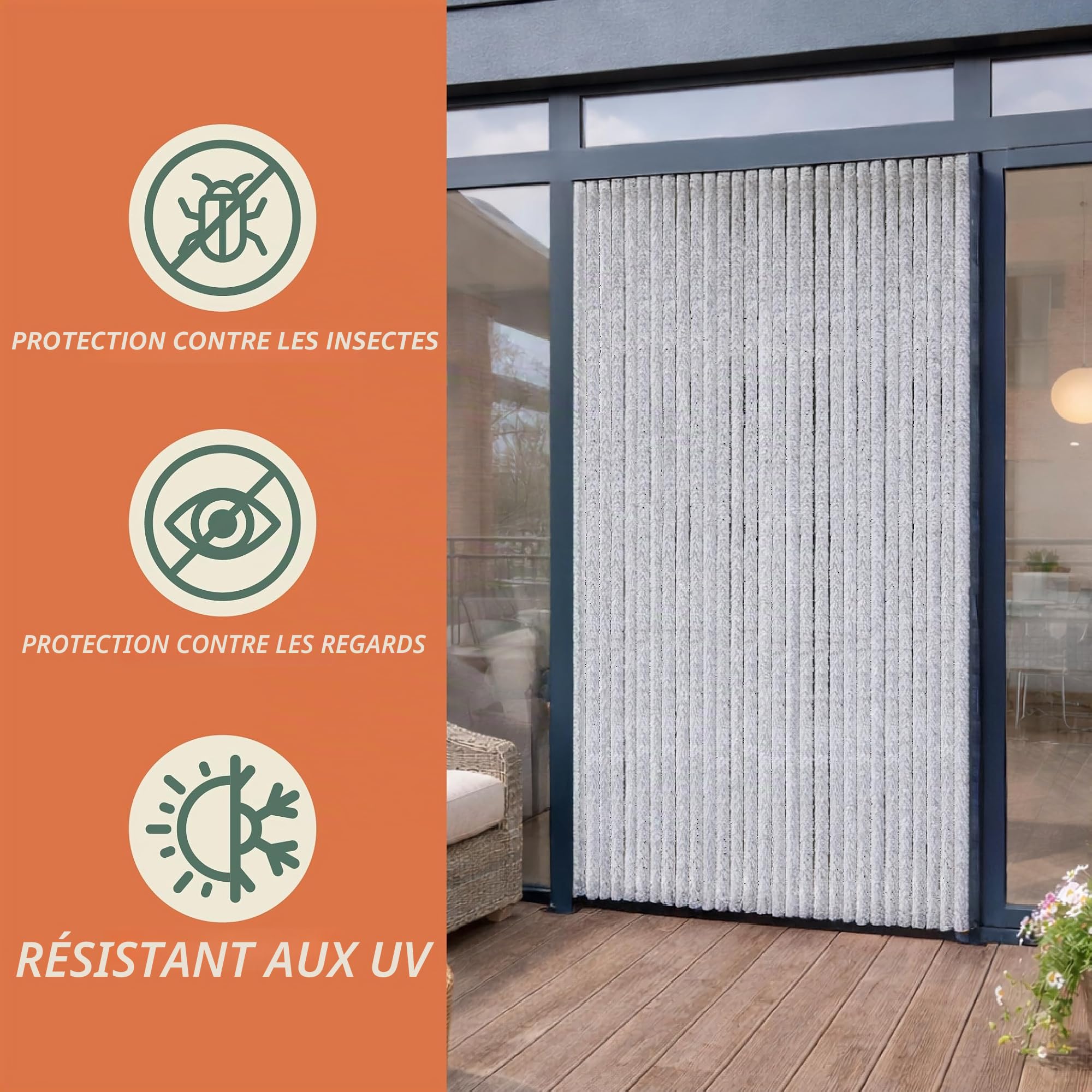 Moritz Rideau en chenille - 100 x 230 cm - Gris et blanc - Rideau de porte - Moustiquaire pour camping et caravane