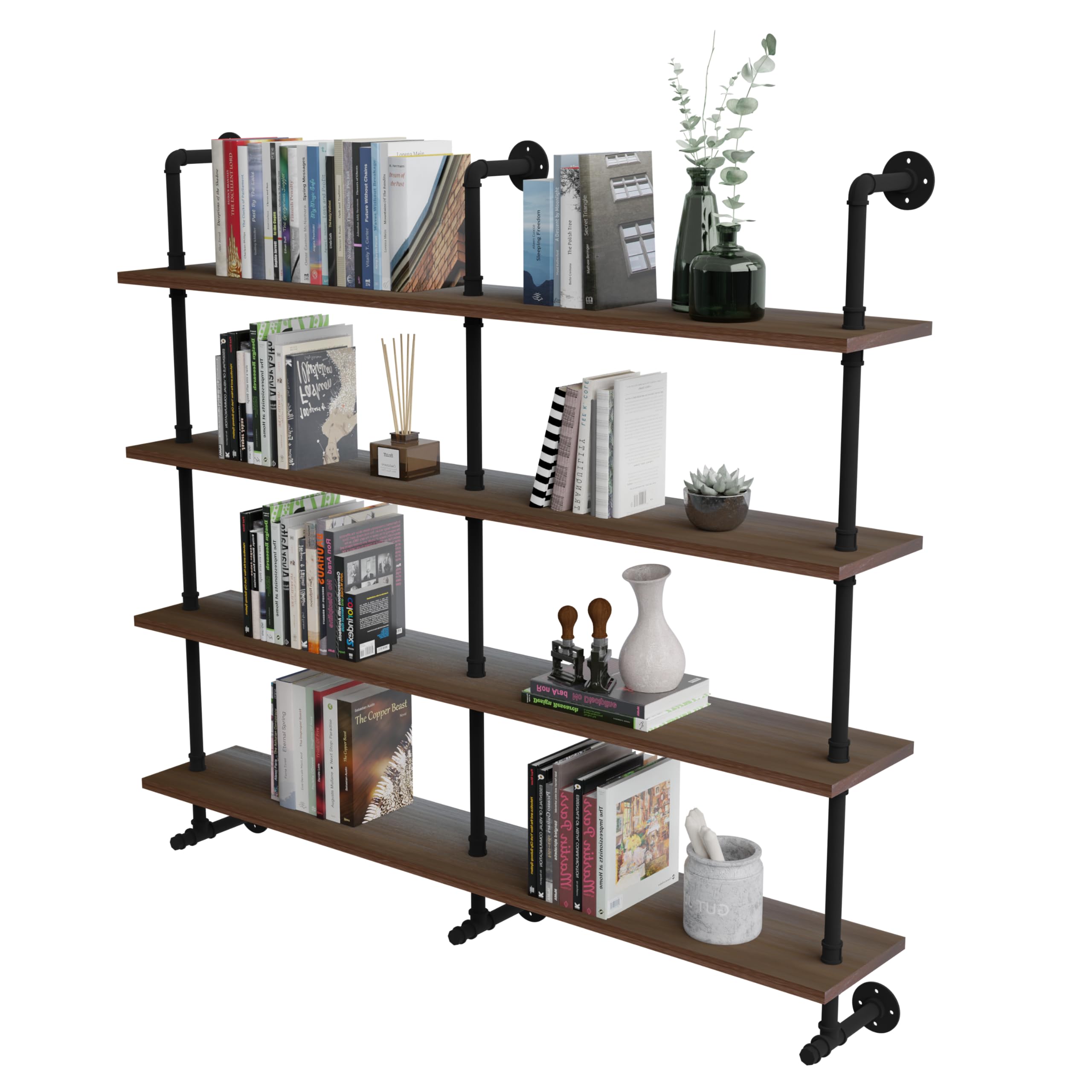 industrial pipe wall shelves pipe shelving with real wood plank ,60 inches floating shelves for wall farmhouse pipe book shelves dark brown 4 tier for kitchen,living room decor and bar shelving