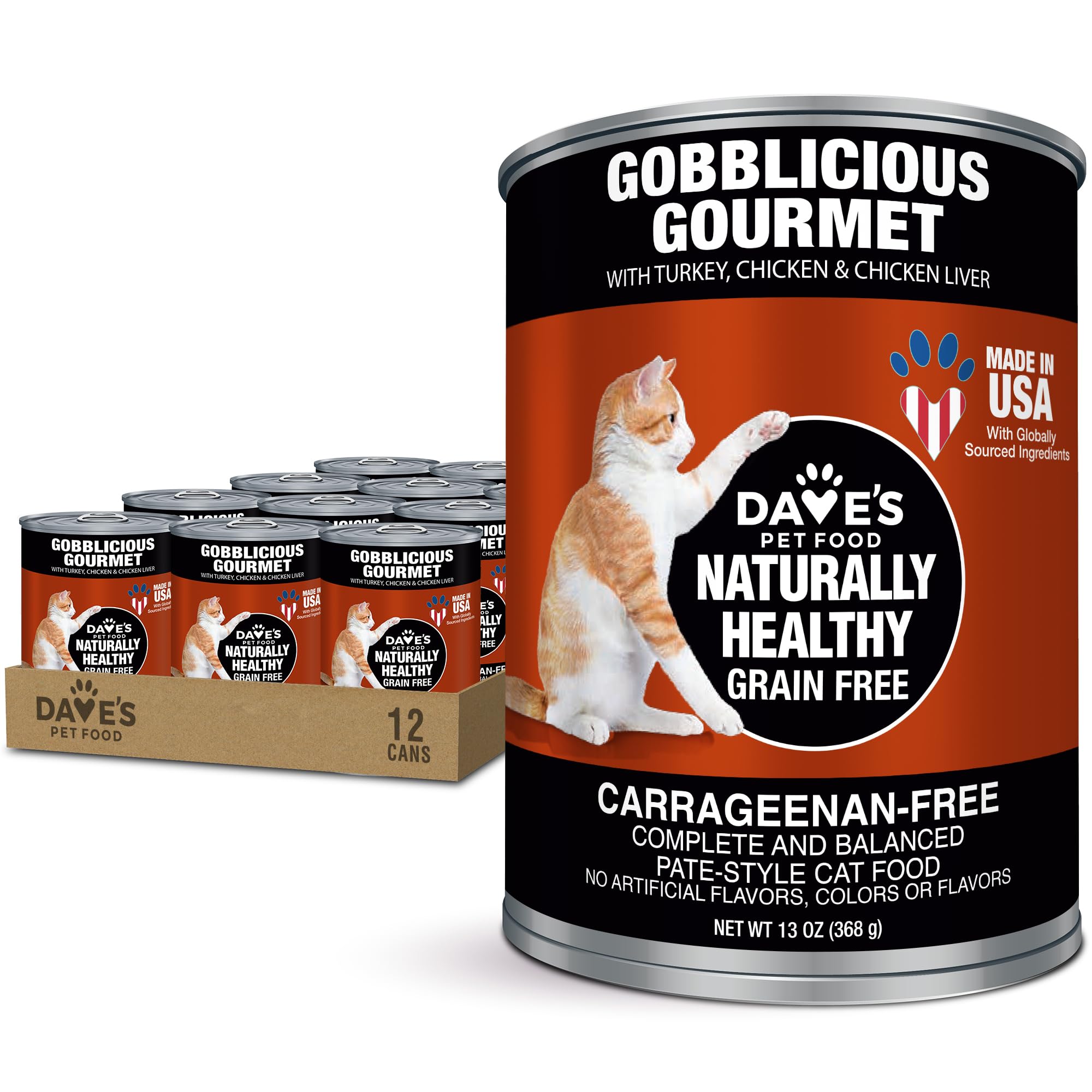 Dave's Pet Food Grain Free Wet Canned Cat Food Pate (Gobblicious Gourmet), Made in USA Naturally Healthy, Added Vitamins & Minerals, 13 oz Cans (12 Pack)