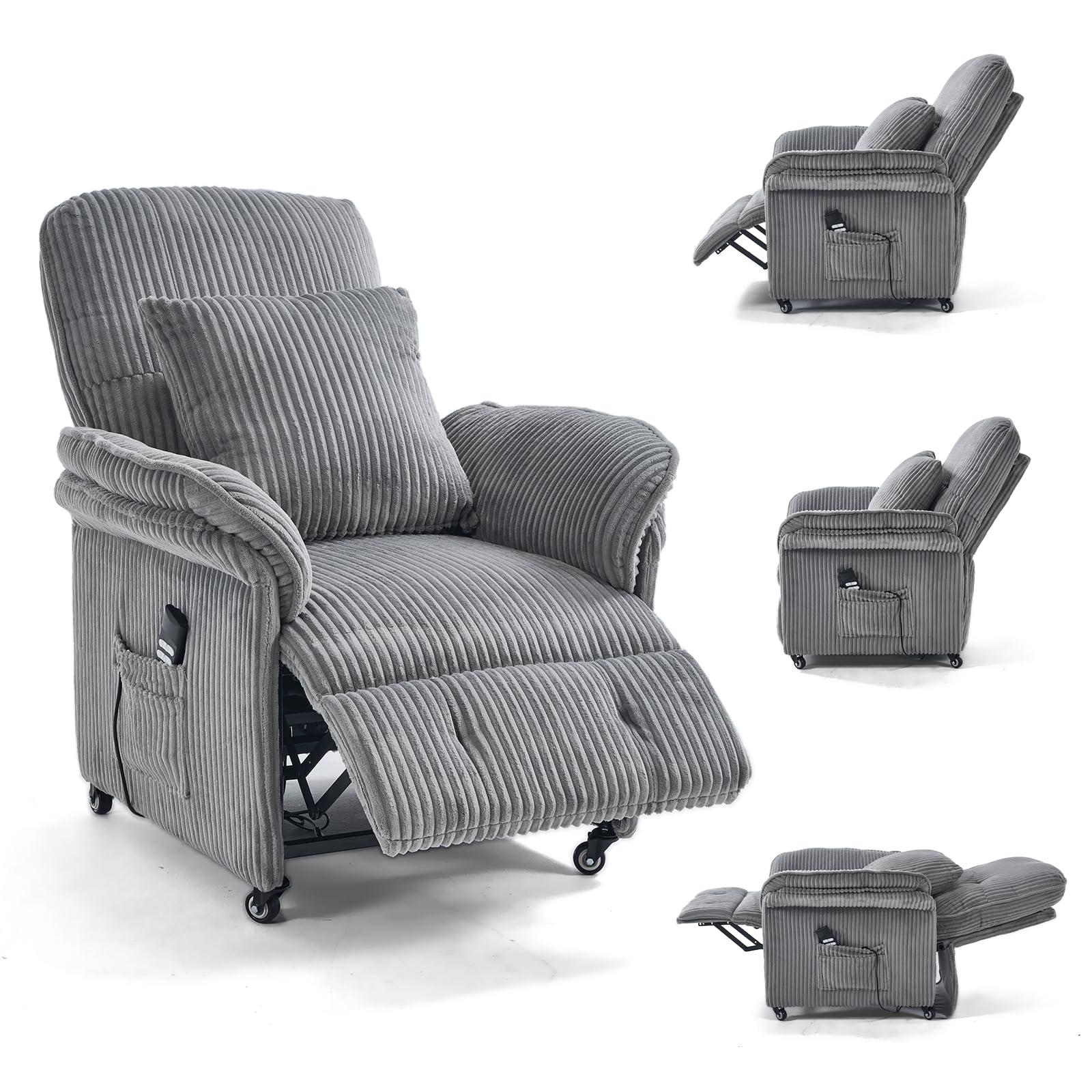 Asukale 2 Motoren Elektrischer Relaxsessel, Fernsehsessel mit Liegefunktion, TV Sessel Wohnzimmer mit Rollen, Verstellbarer Rückenlehne & Fußstütze, 2 Seitentaschen, Cord Couch, Hellgrau
