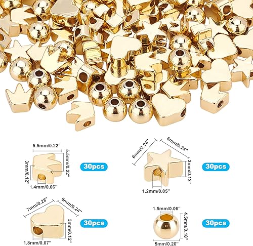 Miniatura 3 de PH PandaHall 120 cuentas chapadas en oro de 14 quilates, 4 formas de corazón y estrella, cuentas sueltas de metal de latón, cuentas de bola Rondelle