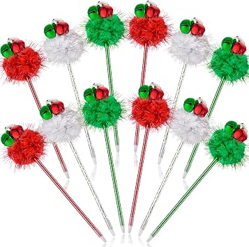 12 Pcs Christmas Jingle Bell Pens, Silver Red and Green Christmas Themed Ballpoint Pens, Cute Xmas Bells Pen Bulk for Kids, Xmas Party Favors, Home Decoration Black Refill