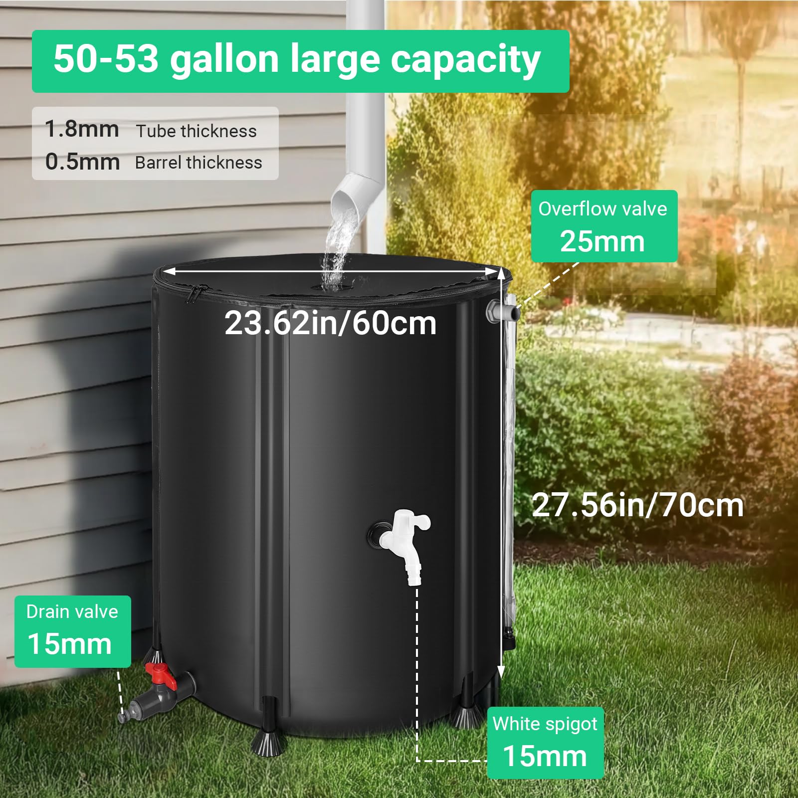 FAMIROSA 50 Gallonen / 200L Regentonne Faltbare Regentonnen zum Sammeln von Regenwasser aus Dachrinne mit Zapfen und Überlauf, 500D PVC Tragbares Regenwassersammelsystem, Wasserfangbehälter