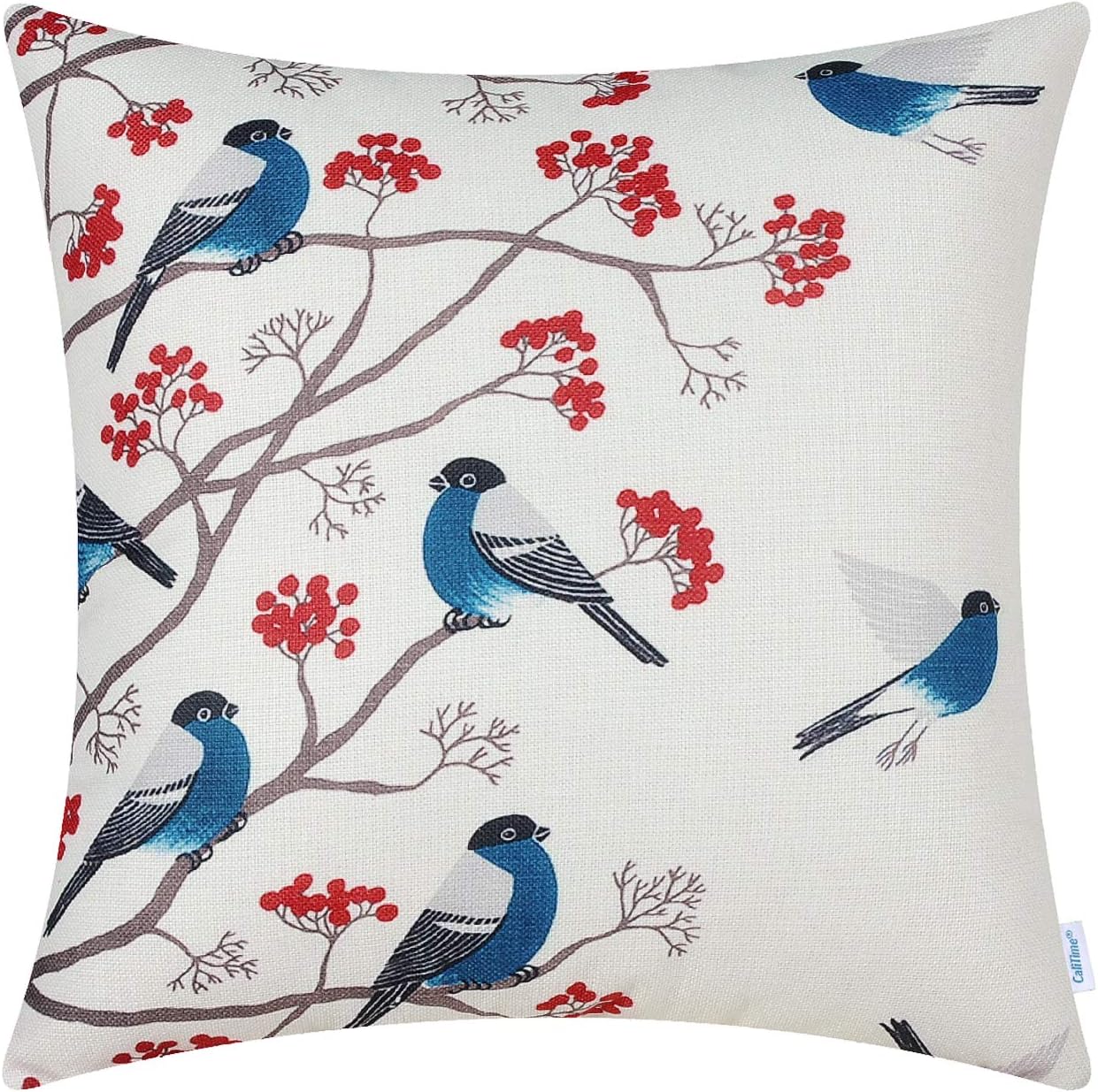 CaliTime Canvas Throw Pillow Cover Case for Couch Sofa Home Decoration Chickadees Birds with Red Floral Tree Branches 18 X 18 Inches Seablue Birds
