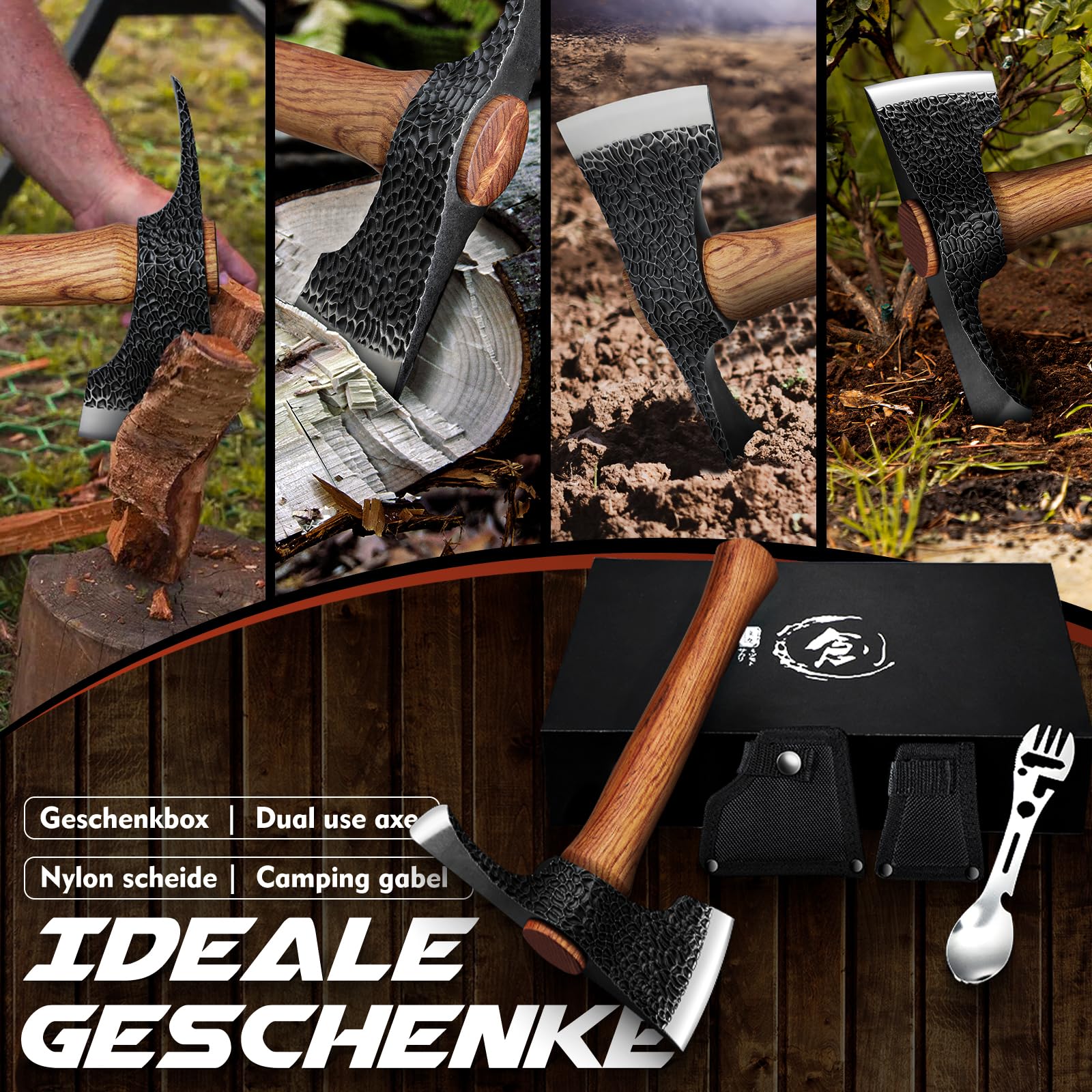 Purple Dragon 2 in1 Beil Axt und Gartenhacke,Axt Holz Spalten Handgeschmiedet Spaltaxt mit Holzgriff,Outdoor Axt Set mit Scheide und Camping Gabel für Garten Wald Survival,Geschenke für Männer