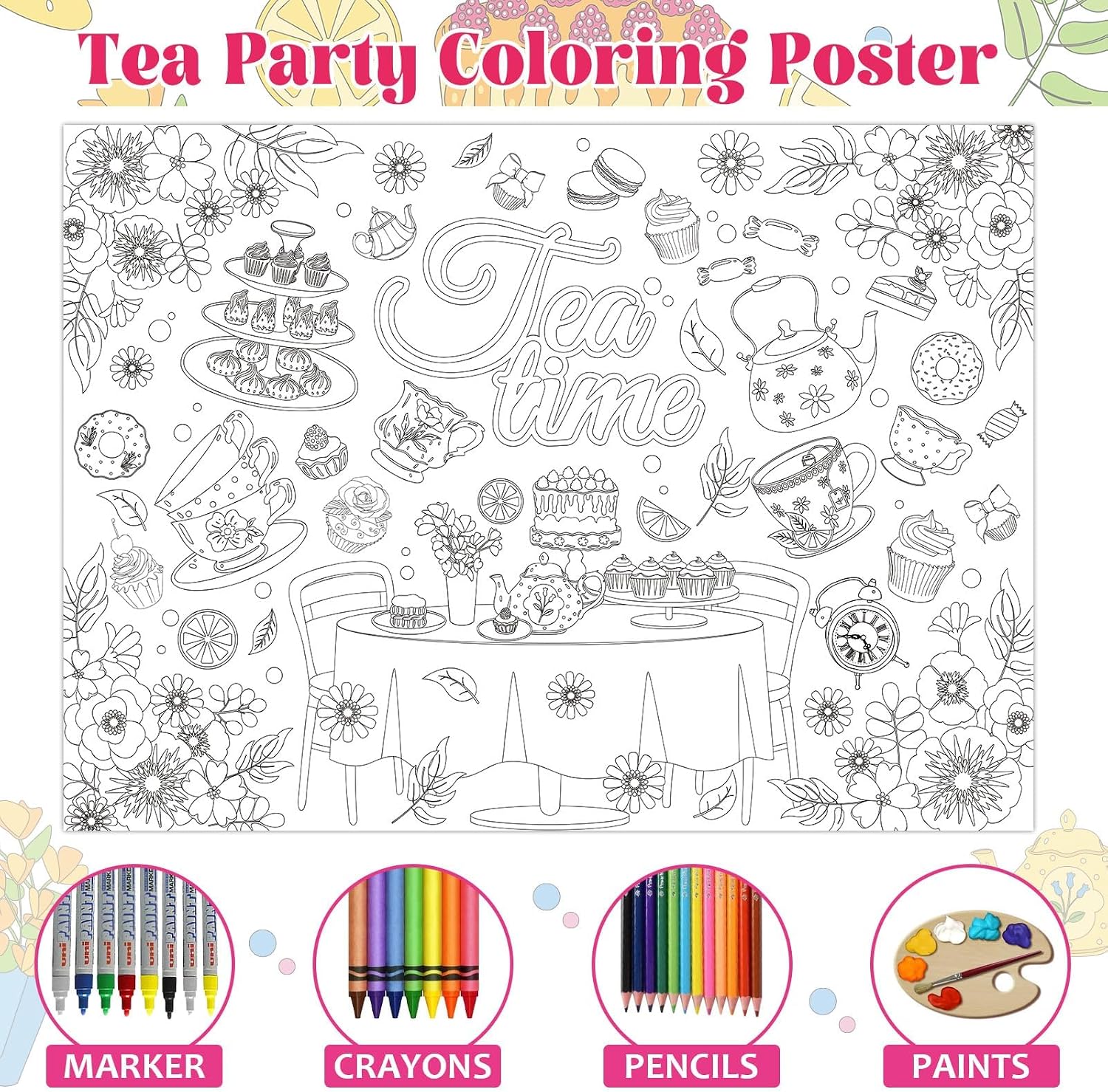 Naozinebi Tea Party Coloring Poster for Kids Summer Giant Coloring Poster Large Flower Tea Time Tablecloth Jumbo Books for Classroom Home Birthday Party Supplies Favor