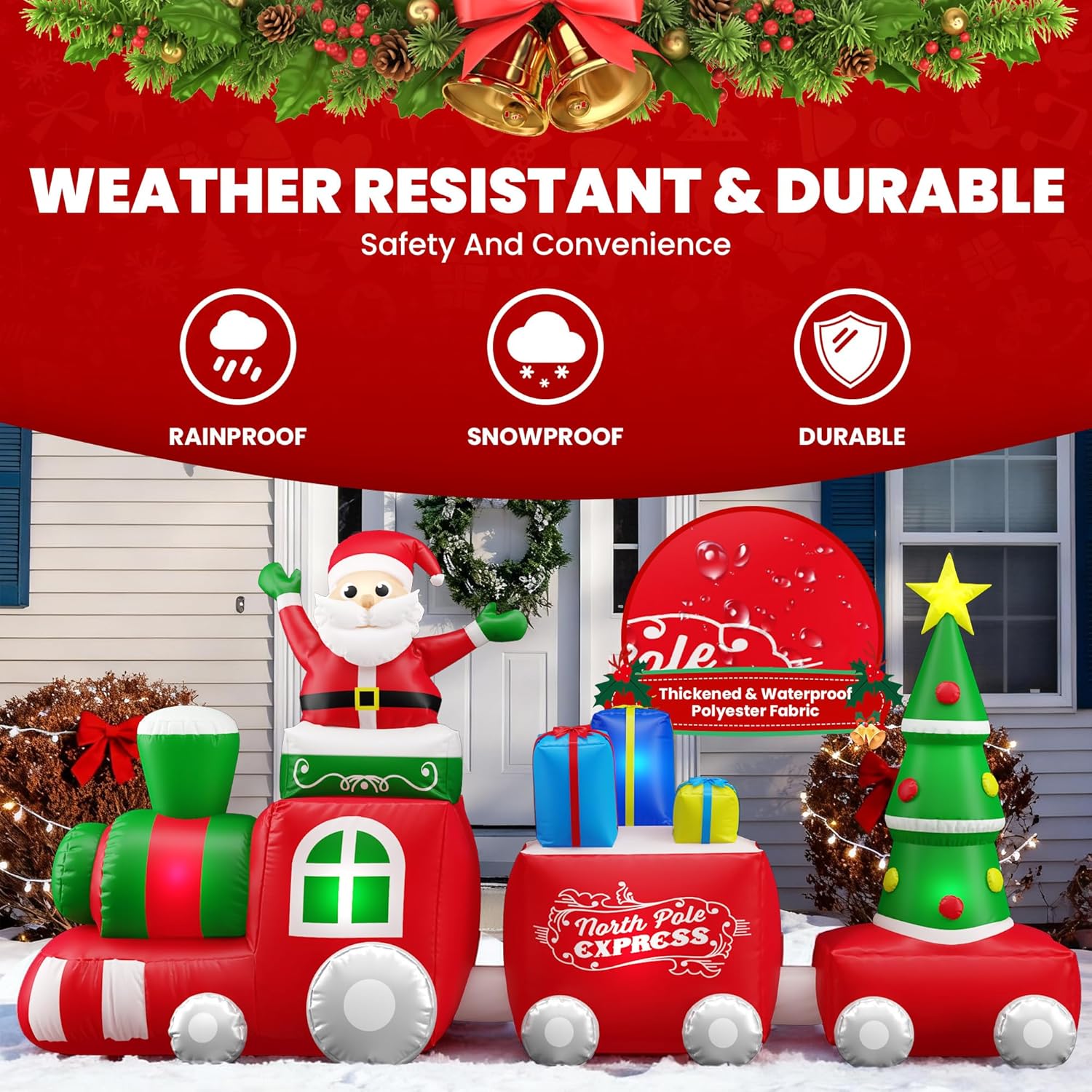 10FT Christmas Inflatable Train with Santa Claus, Gift Boxes, Christmas Trees, Built-in Lights, 2026 Yard Decor Giant Blow Up Santa Train, Lovely Holiday Winter Decor for Party Garden Lawn - Image 5