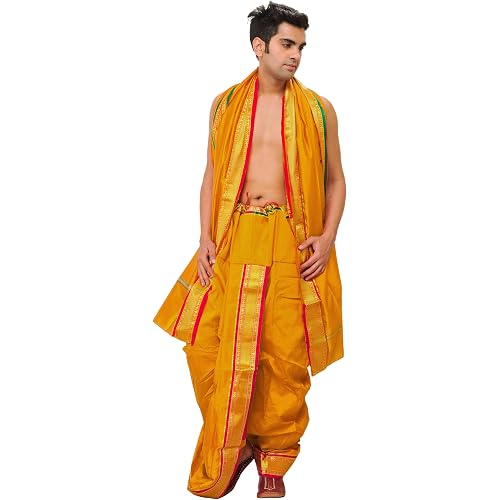 Ready to Wear Dhoti and Veshti Set with Woven Golden Border - Art Silk