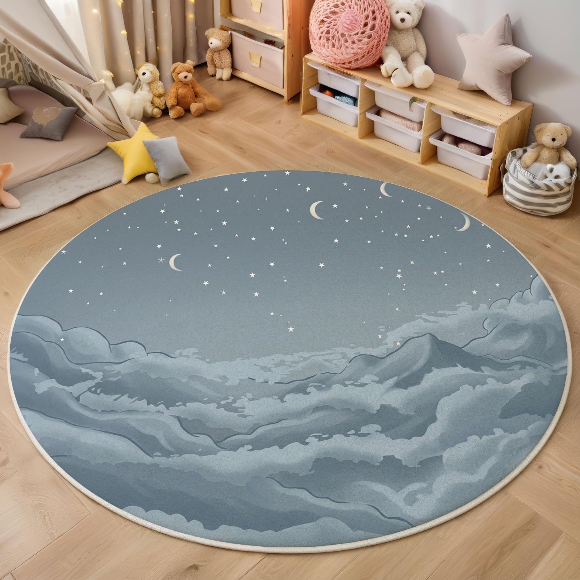 Tapis rond Ciel étoilé de dessin animé avec envers antidérapant et lavable