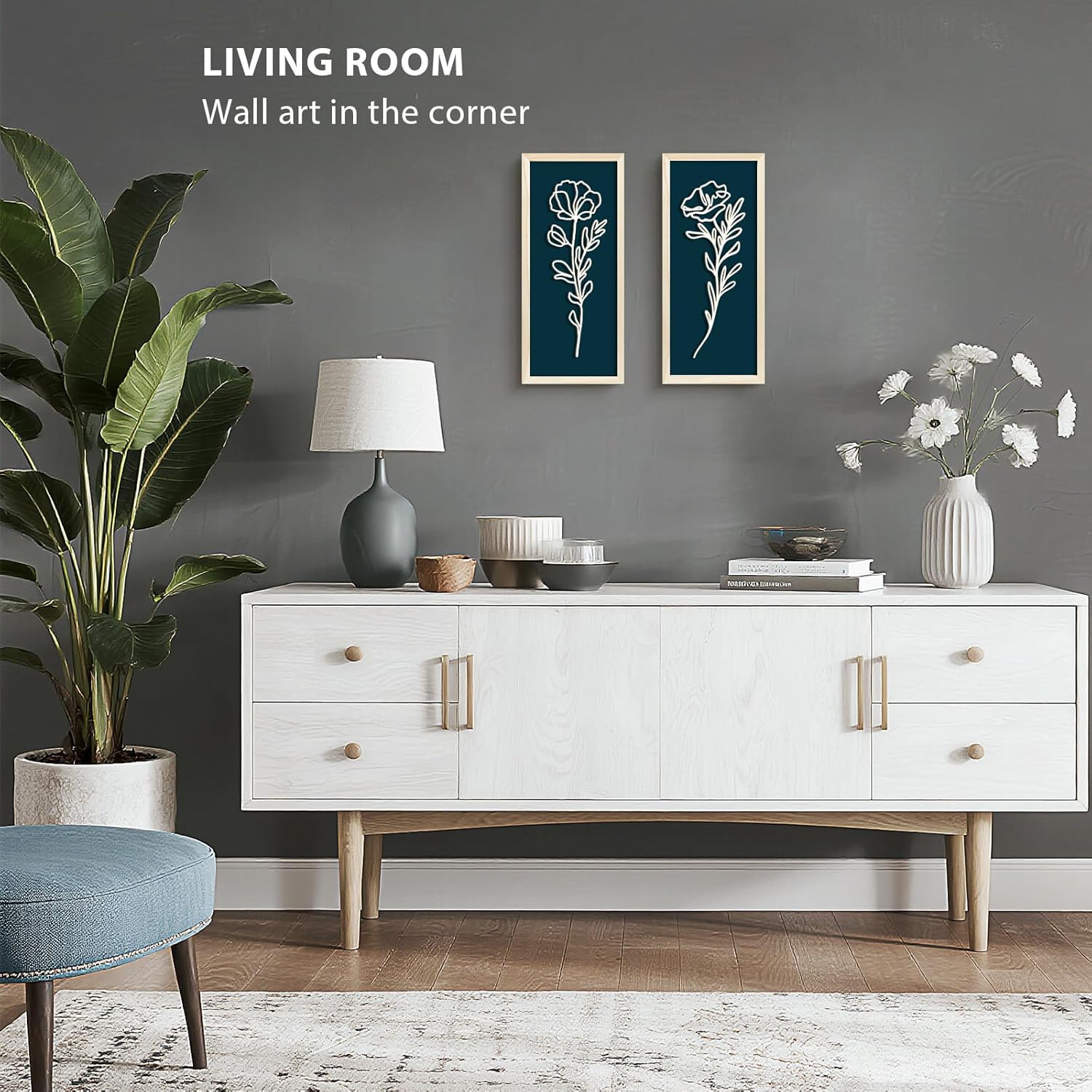 VIYYIEA Wooden 3d Floral Bathroom Wall Decor, Ready-to-Hang Framed Wall Art For Living Room, Bedroom and Office, Boho Botanical Farmhouse Decoration, Lightweight but Valuable Gift (7x16 In, set of 2)