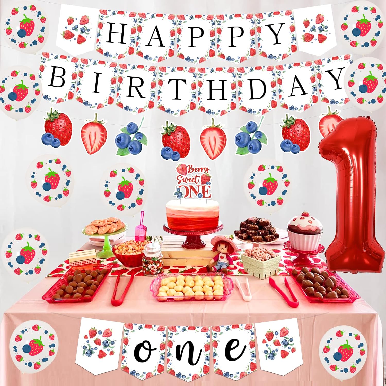 Strawberry First Birthday Party Decorations - Blueberry, Balloons, High Chair Banner, Cake & Cupcake Toppers, Number 1 for 1st Girl - Image 2