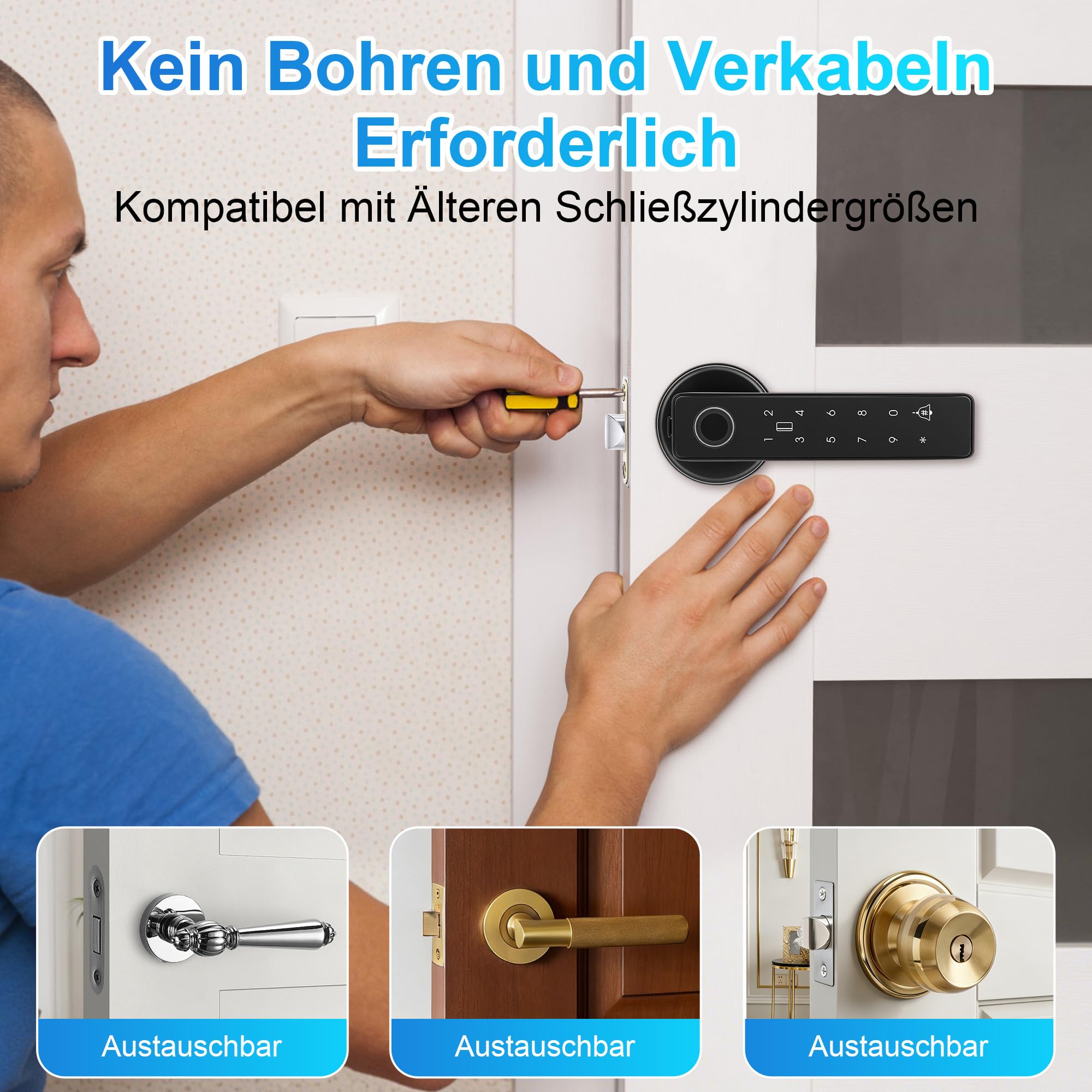 Türschloss Fingerabdruck, Smart Lock Intelligentes Türschloss mit Zahlencode, Elektronisches Schlüsselloses Zugangssystem aus Aluminiumlegierung mit Fingerabdruck Passwortkarte(BLACK)