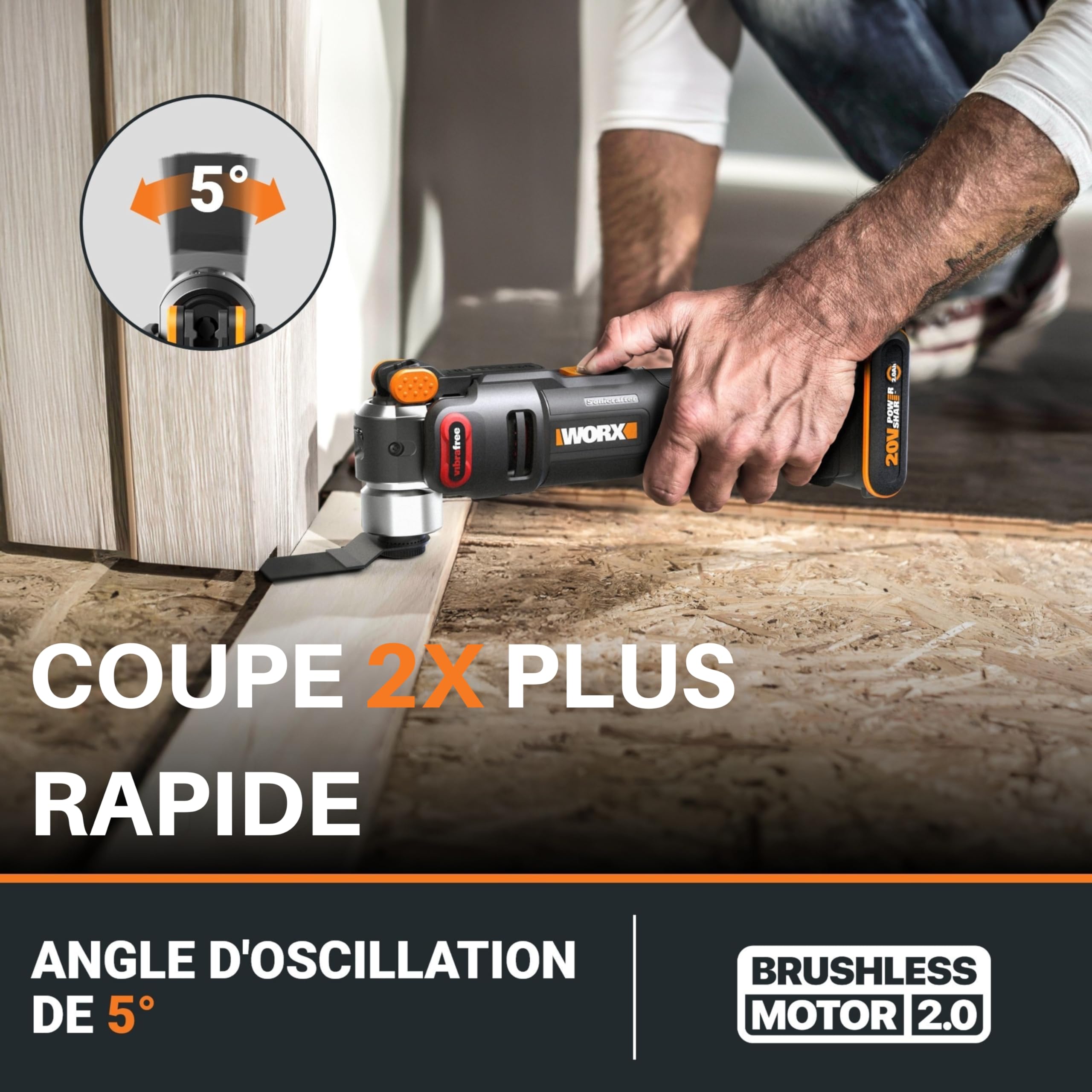 WORX Outil Multifonction sans Fil Brushless 20V WX698.9, idéal Pour Découper, Scier, Meuler, Racler, Gratter, Système de Fixation Universel, livré avec 23 Accessoires, sans Batterie ni Chargeur