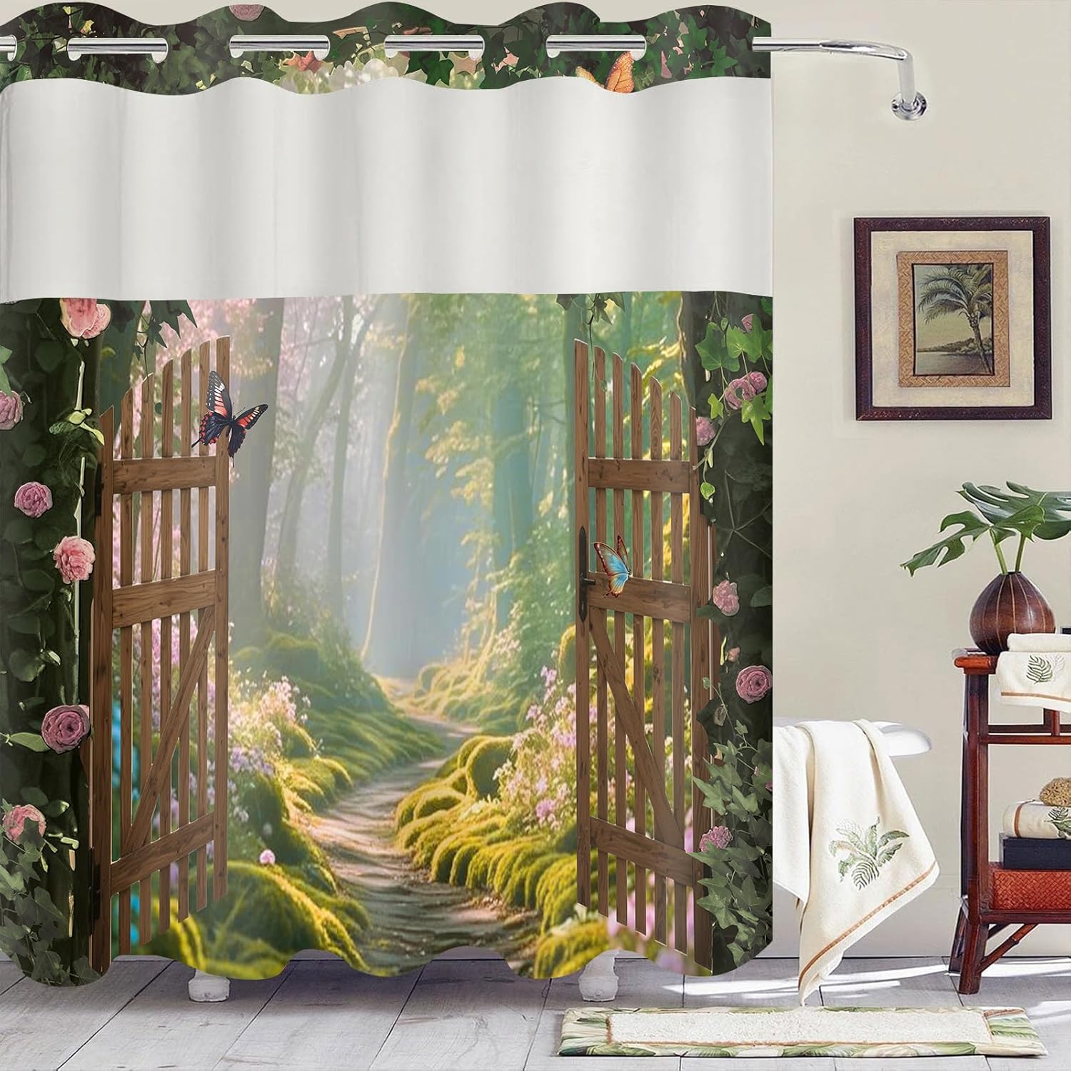 No Hook Shower Curtain with Snap in Liner Set, Forest Shower Curtains, Natural Bathroom Decoration with Green Forest Landscape, Through Mesh Top Window, Machine Washable, 71x84 in
