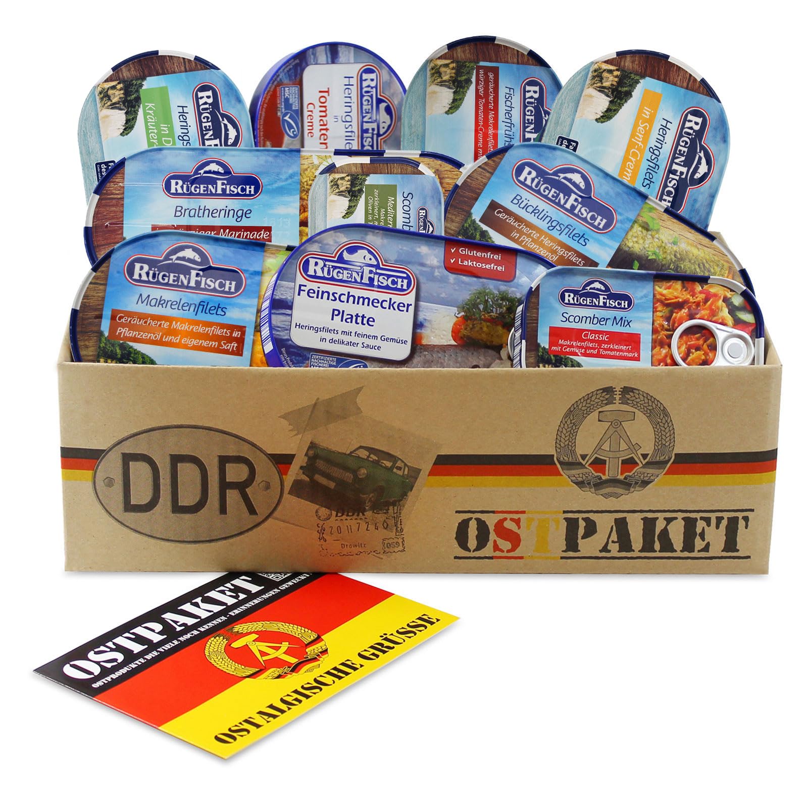 Ostpaket Rügen Fisch mit 10 Produkten der DDR inkl. Karte Geschenkidee, Fischpaket Geschenkset Ostprodukte