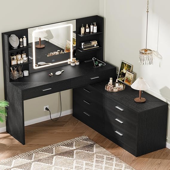 Quimoo Vanity Desk with LED Lighted Mirror & Power Outlet, Modern Corner Makeup Vanity Table with 8 Drawers & Open Shelves, Dressing Table for Bedroom, Makeup Room, Black