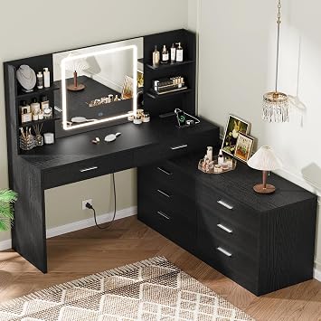 Quimoo Vanity Desk with LED Lighted Mirror & Power Outlet, Modern Corner Makeup Vanity Table with 8 Drawers & Open Shelves, Dressing Table for Bedroom, Makeup Room, Black