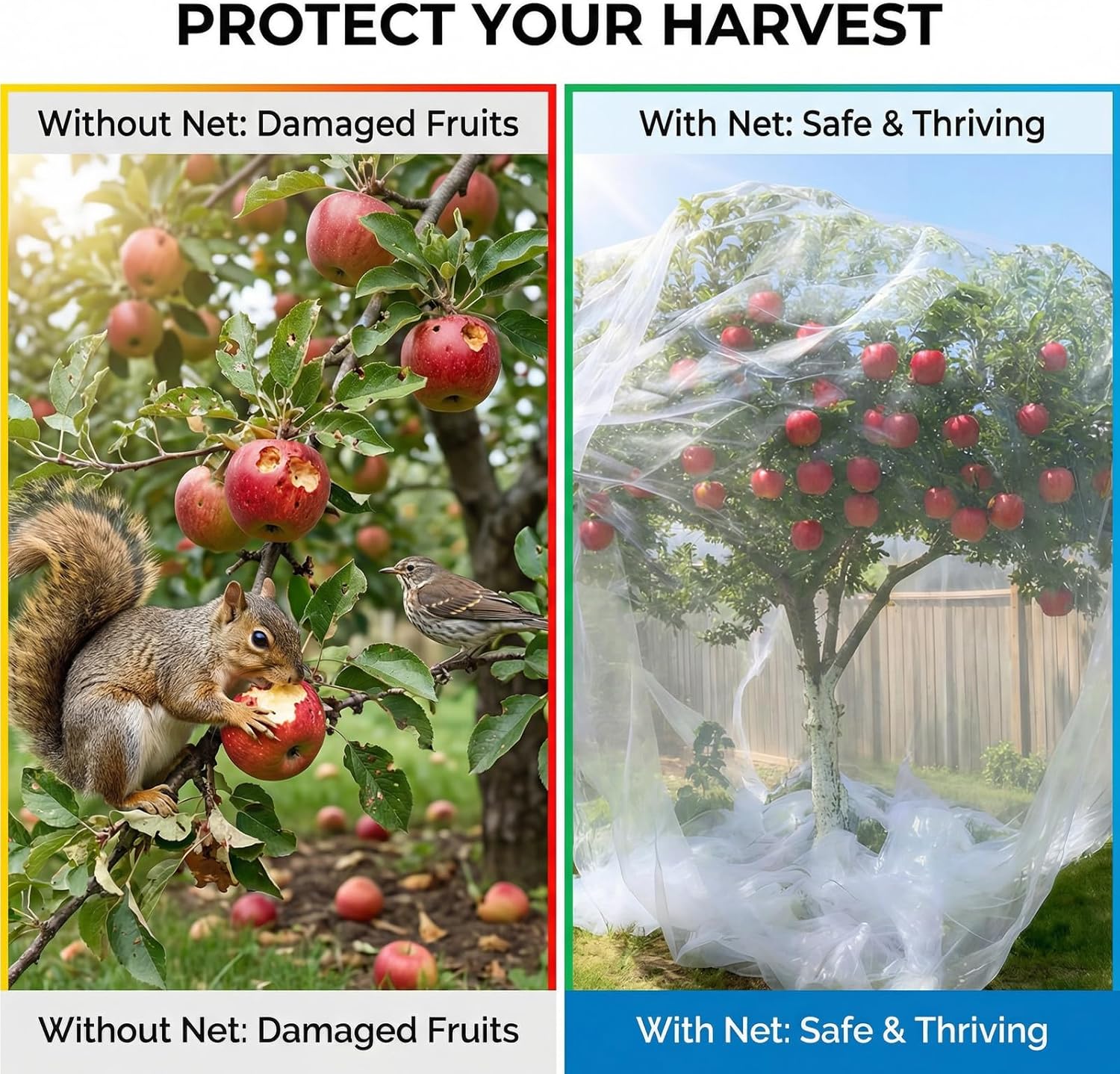 13x13Ft Extra Large Fruit Tree Netting Cover with Zipper & Drawstring, Garden Mesh Netting for Protecting Plants from Birds,Squirrels &Bug,Ultra Fine Weather Resistant Tree Netting