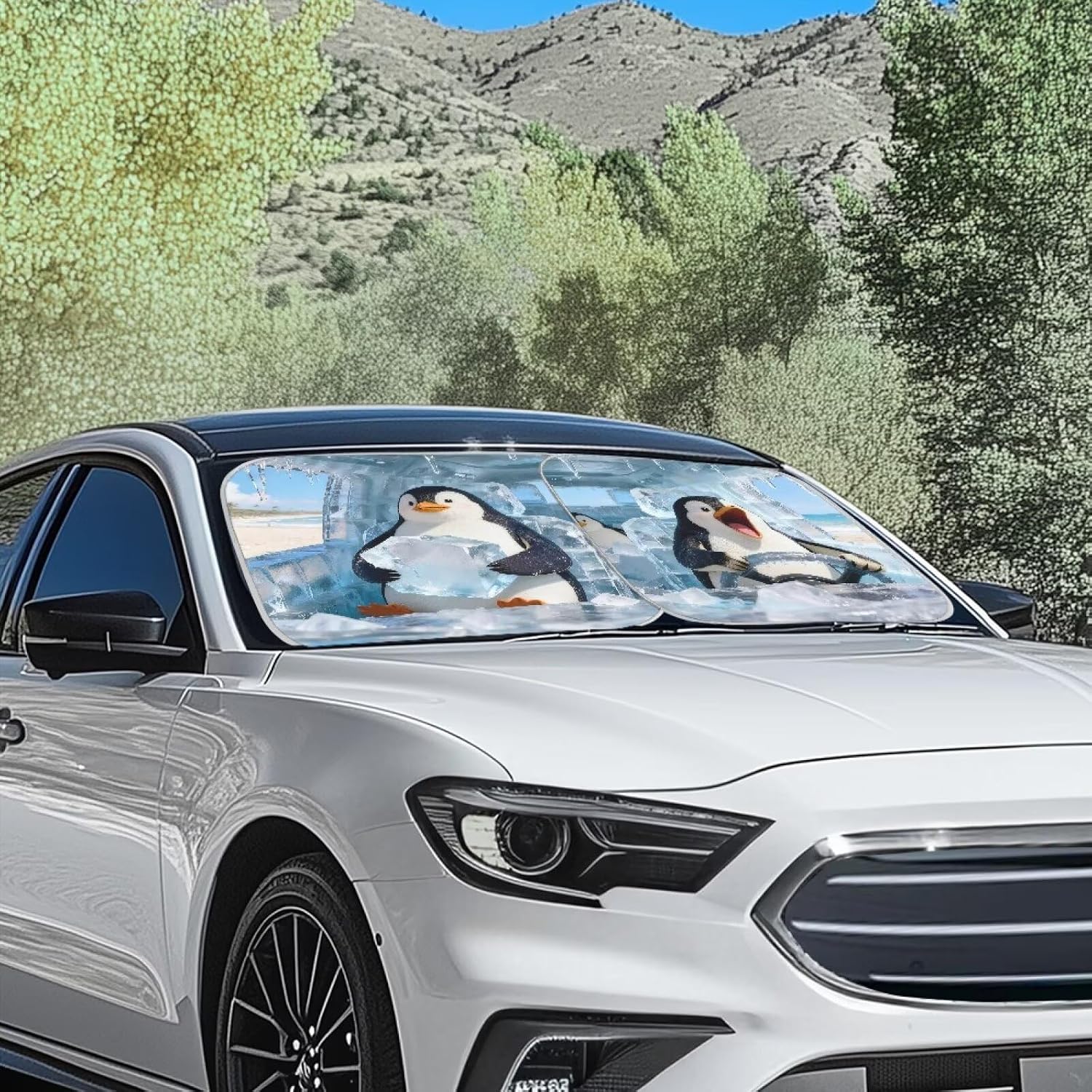 Renewold Funny Penguin Animal Driving Car Window Shade Windshield Sunshade Universal Fit 2pcs Block Sunlight Glare and Heat Cover Car Interior Auto Accessories Summer Sun Visor Sun Shield image 4