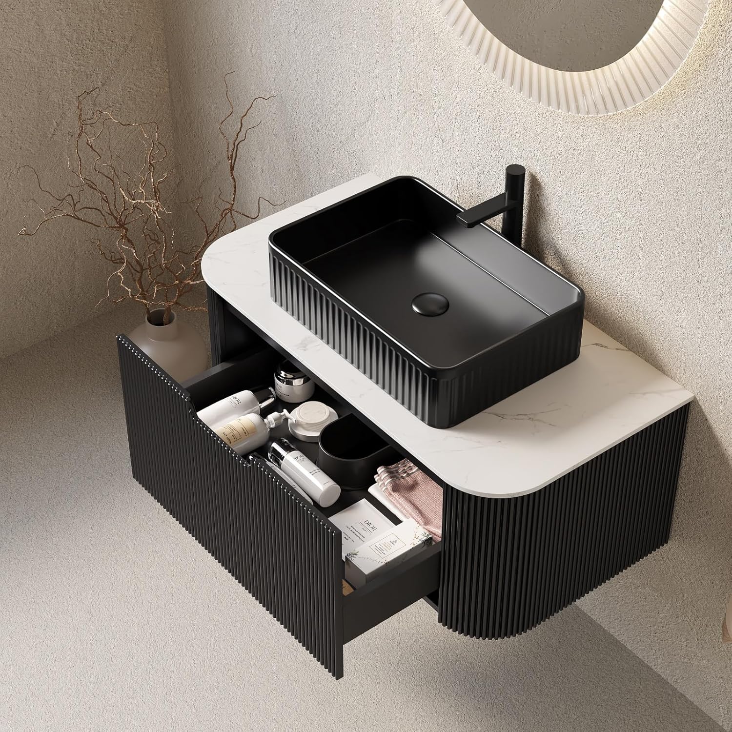36" Bathroom Vanity&Sink, Floating Curved Edges Striped Bathroom Storage Cabinet with Drawer, Black Rectangular Ceramic Basin&Carrara White Sintered Stone Countertop, Pre-assembled, Black Color