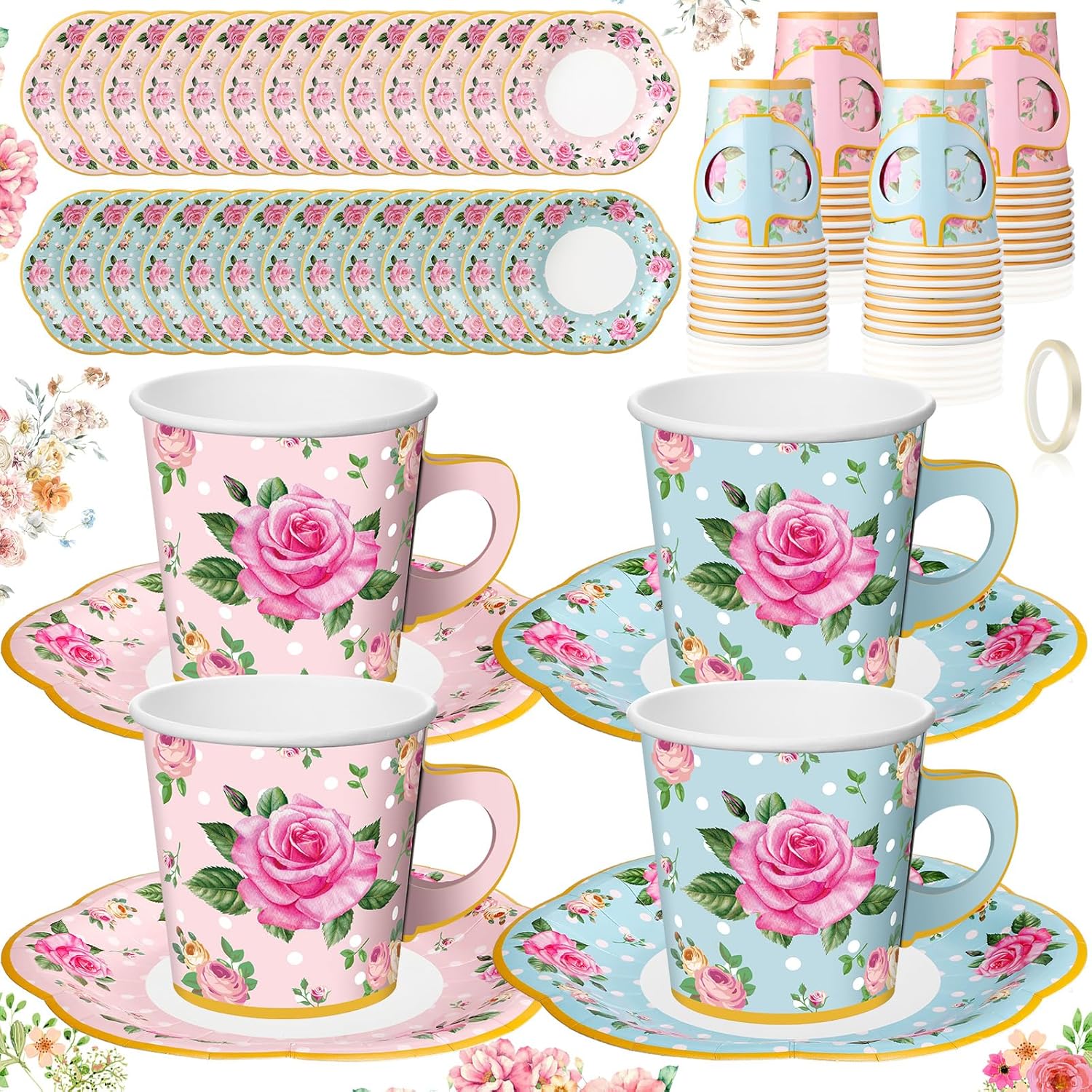 Umigy 36 Sets Spring Tea Party Decorations 9 oz Floral Paper Teacups & Saucer Set for Girls Women Tea Parties Mothers Day Bridal Shower Wedding Birthday Party Decorations(Blue Pink)