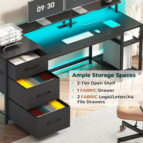 SEDETA 59 Office Desk with Drawers, Reversible Computer Desk with File Drawers & Storage, Gaming Desk with LED Lights & Power Outlet, Home Office Desks for Printer, Black