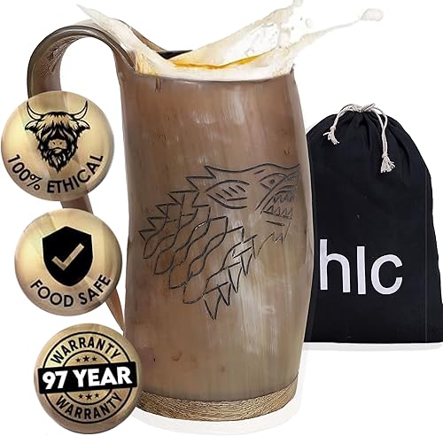 Miniatura 7 de Taza de cerveza vikinga con cuerno para hombre, tazas de cuerno de cerveza para regalo de Navidad (XL - 32 onzas, Eternal  Pulido)
