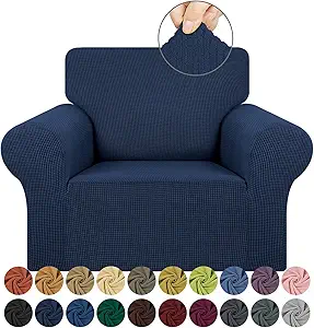 KEKUOU Stretch Single Sofa Slipcover 1 Piece Couch Sofa Cover (31"-55") Furniture Protector 1 Seater Sofa with Elastic Bottom for Kids,Pet.Jacquard Small Checked Pattern Fabric(Small,Navy Blue)