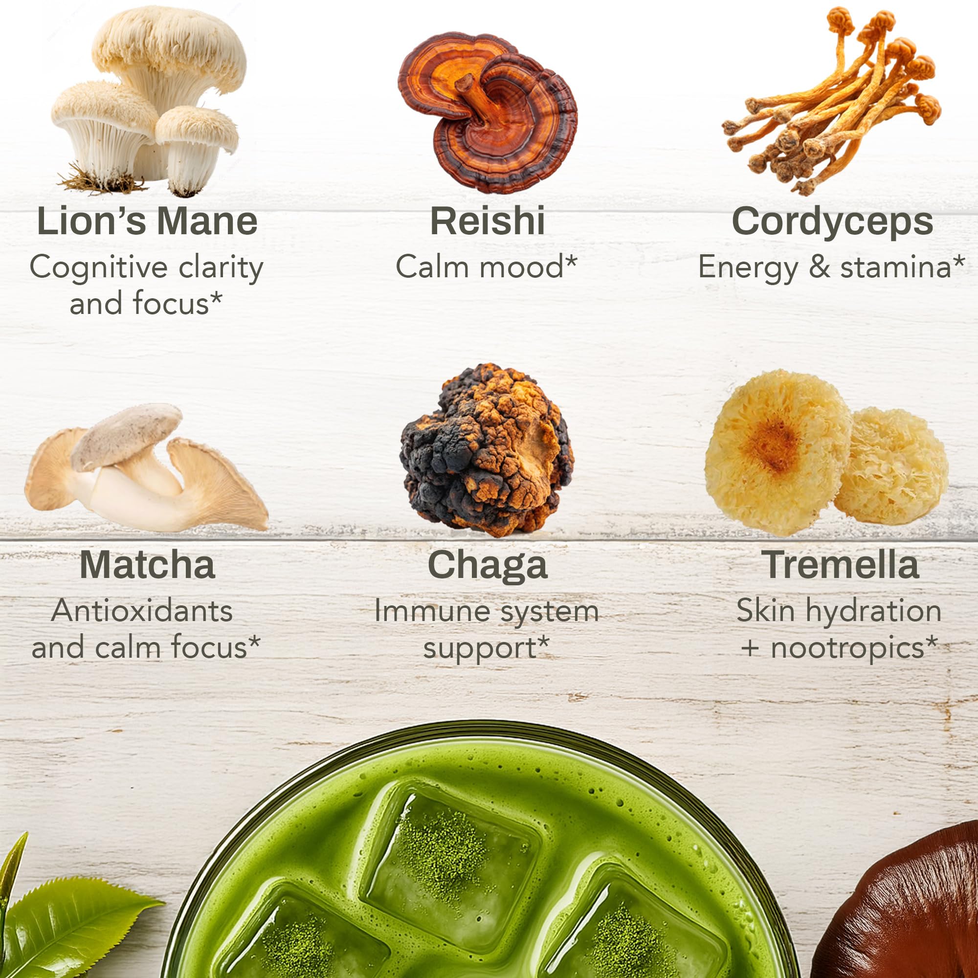 NACLEA Mushroom Matcha Powder - Sugar-Free Japanese Ceremonial Green Tea with 18 Superfood Mushrooms and Hydrolyzed Collagen - — view 5