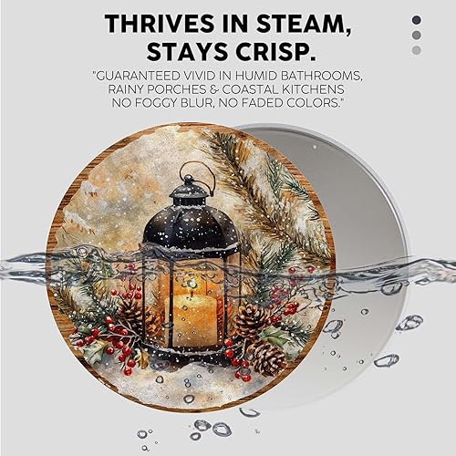 Miniatura 4 de Lámpara de aceite de invierno, letreros de metal redondos con elementos de acebo y bayas, placa de pared rústica para decoración de puerta de