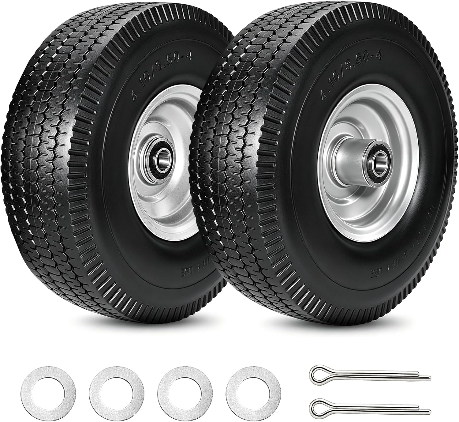 2 Pack 4.10/3.50-4 Flat Free Tire and Wheel，10 Inch Solid PU Foam Replacment Tire with 5/8" Double Sealed Bearings, Replacment for Gorilla® Cart Hand Truck Garden Utility Cart Wagon Trolley Dolly Cart