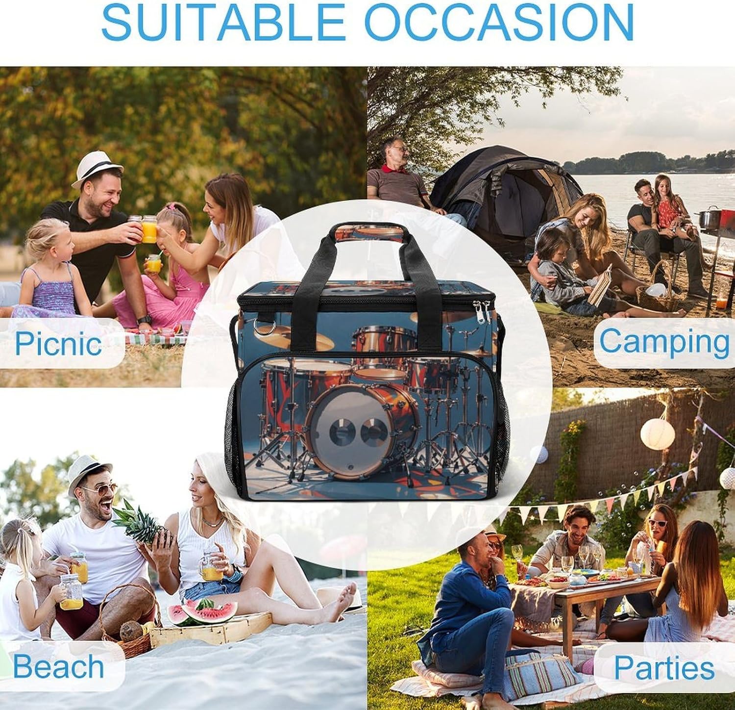 Insulated Picnic Backpack Tote Bag, Large Capacity 30L Cool Drum Set Cooler Bag Leakproof Beach Bags Portable Lunch Box Waterproof Picnic Basket for Beach Camping BBQ