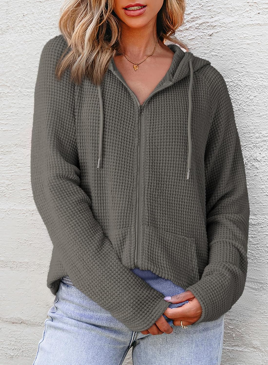 Dokotoo Women's Full Zip Up Hoodies Waffle Knit Long Sleeve Drawstring Casual Sweatshirt Hooded Tops - Image 3