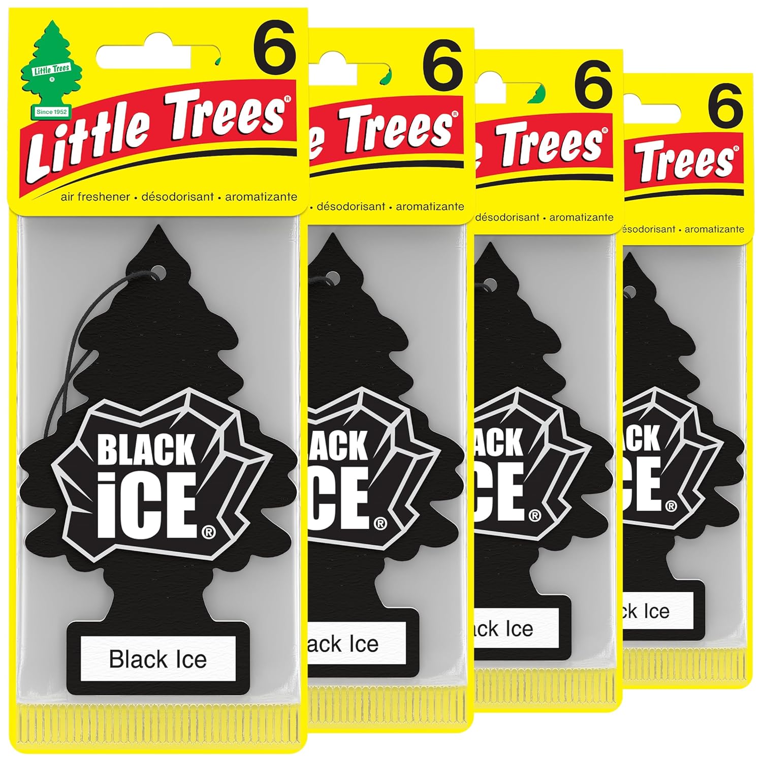 LITTLE TREES Car Air Freshener I Hanging Tree Provides Long Lasting Scent for Auto or Home I Black Ice, 24 count, (4) 6-packs, (U6P-60155)