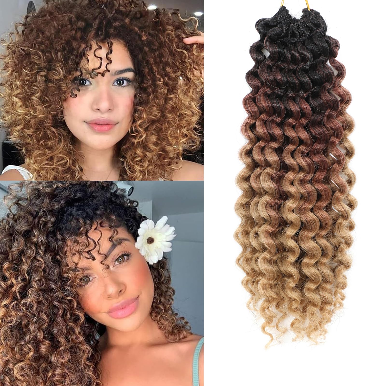 FANWYFYU 8Packs Curly Crochet Hair for Black Women 14 Inch GOGO Curl Deep Ocean Water Wave Crochet Hair Synthetic Bohemian Beach Curl Crochet Braids Braiding Hair (1B/30/27)