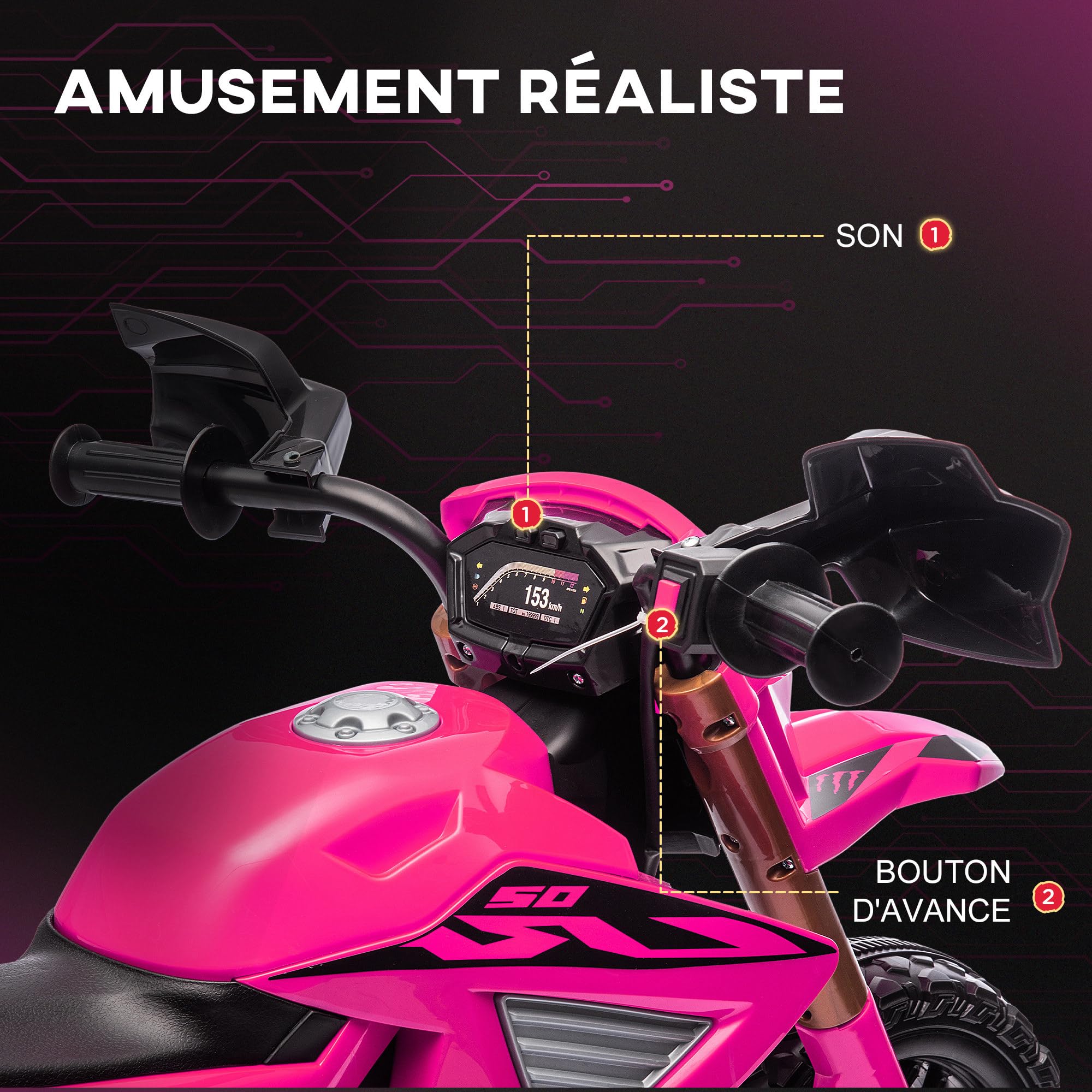 AIYAPLAY Moto électrique Enfants 6V 2 Moteurs avec klaxon Roues d'entraînement 3-8 Ans 30KG Rose