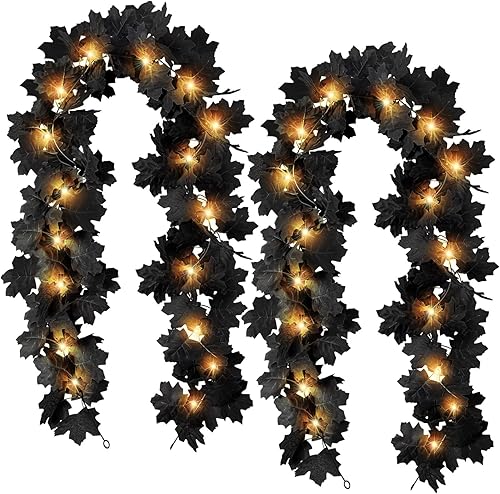 Guirnalda de hojas negras con luces amarillas, paquete de 2 enredaderas artificiales de Halloween con 20 LED, guirnaldas florales de otoño,