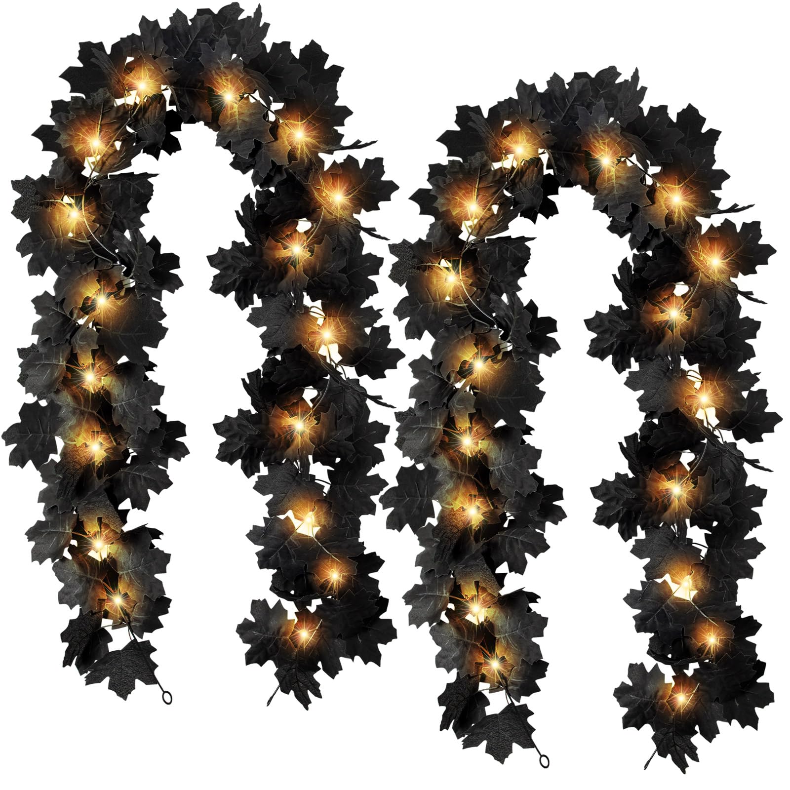 2 Pcs Black Leaf Garland with Yellow Lights, 11.8FT