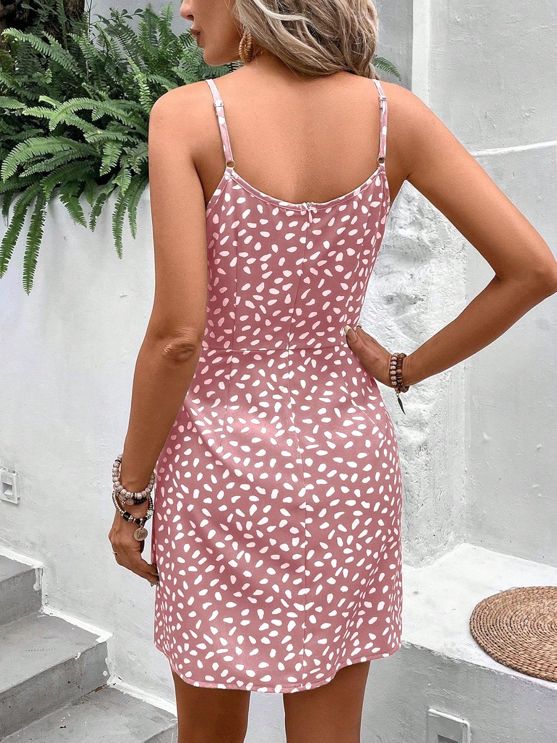 LIGHT DOT Women's Summer Dress Dot Print Cami Tie Waist Casual Zipper Back Vacation Beach - Image 2