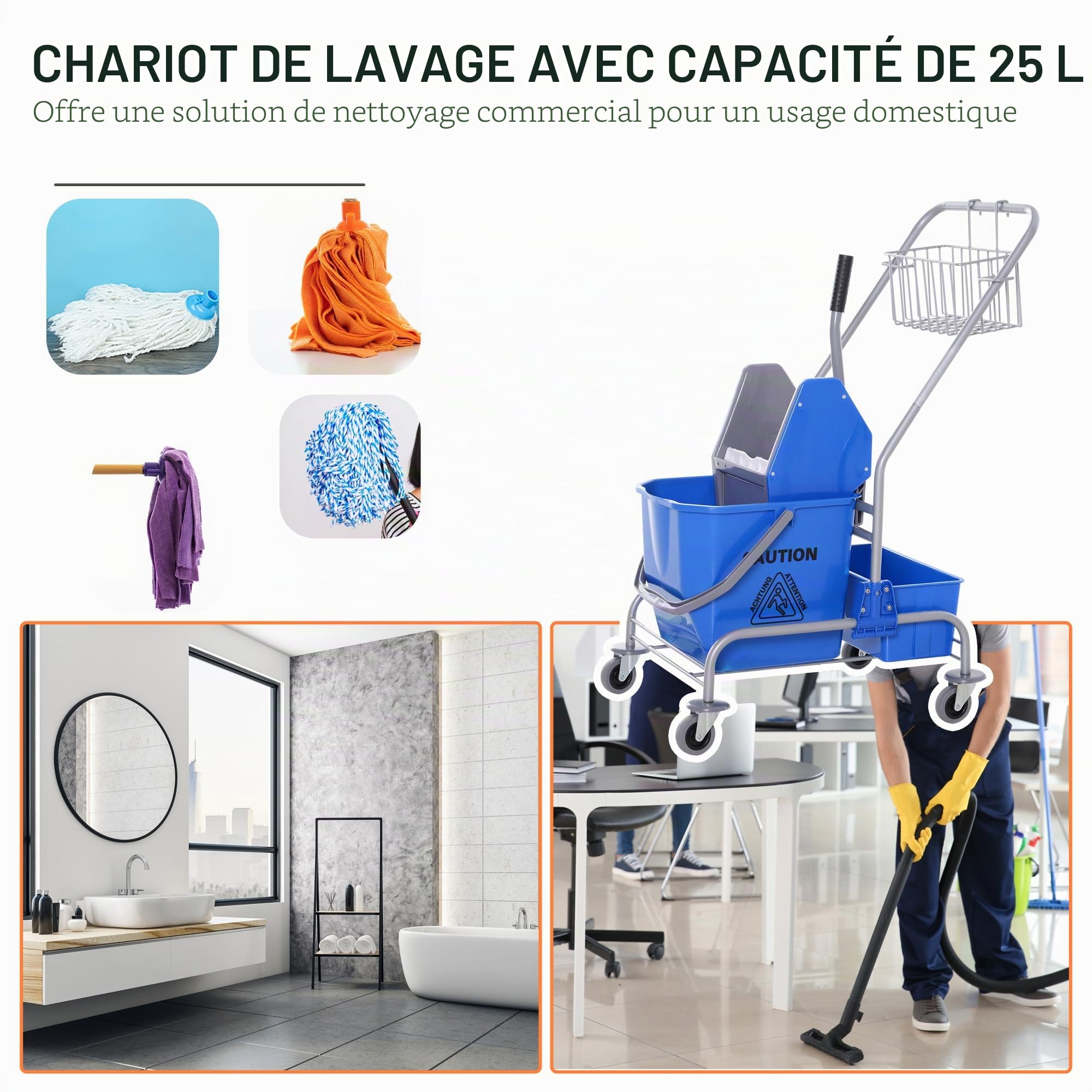 HOMCOM Chariot de Nettoyage Seau Roulant 25 L Essoreuse Crochet Serrière 4 Roulettes Bleu