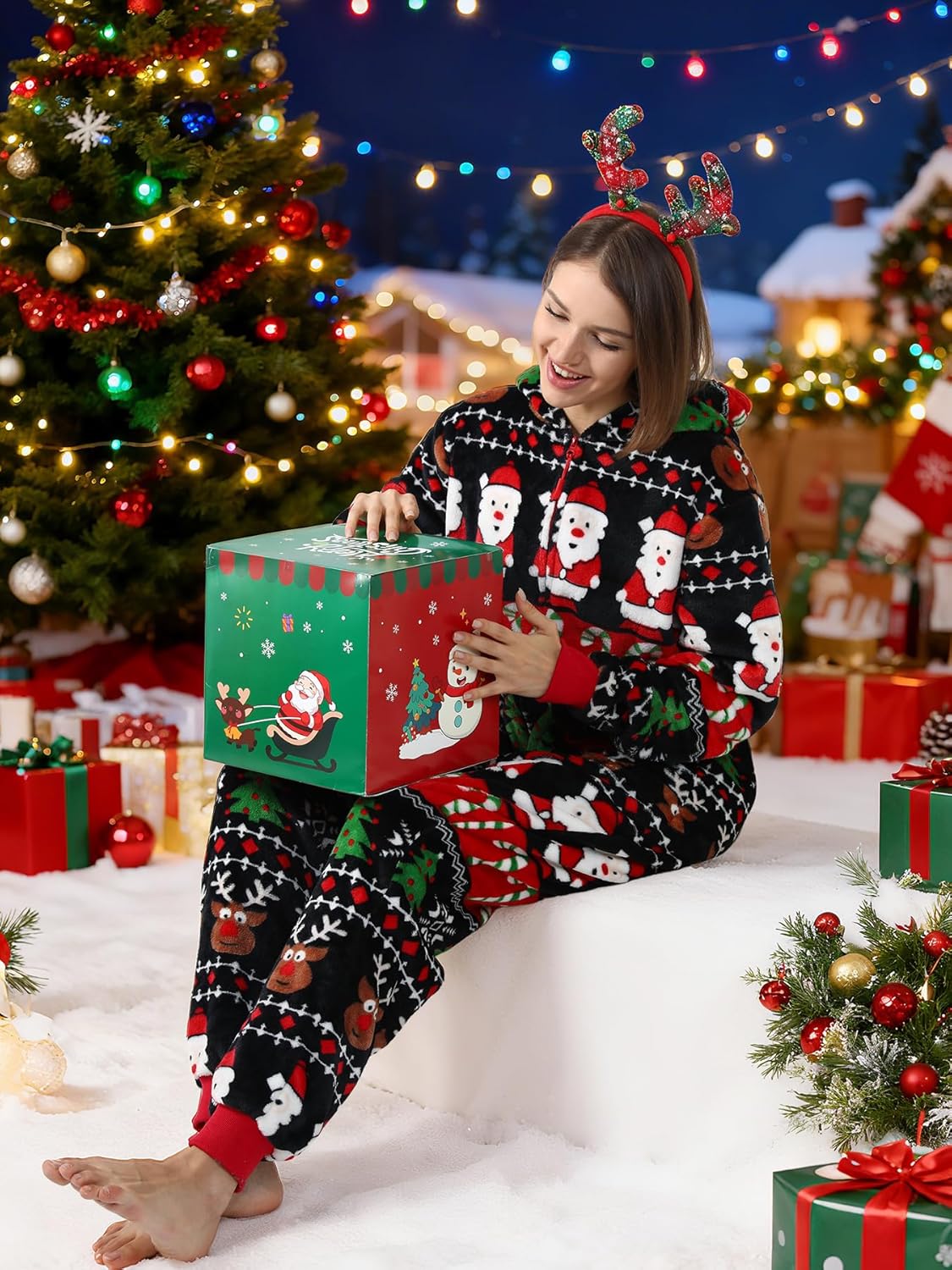 Lifeye Men and Women Christmas Pajamas Flannel Jumpsuit Couple Matching Family One Piece Sleepwear Hooded Zip Homewear - Image 5