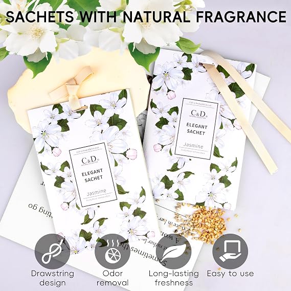Scented Sachet for Drawers and Closets, Long-Lasting Air Freshener Sachets Bags, Hanging Potpourri Bags with Fragrances for House Room, Wardrobe and Car, Home Fragrance Products, Jasmine
