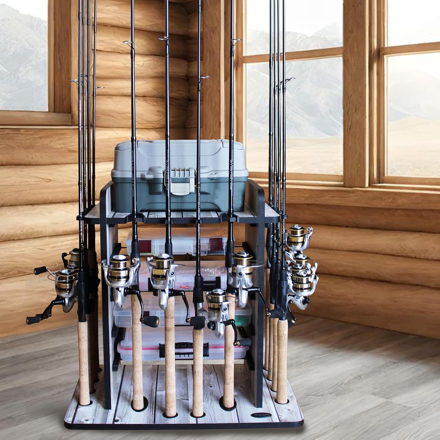 Rush Creek Creations Fishing Rod Holder for 14 Saltwater/Freshwater Rods, Fishing Pole Holder w/ up to 4 Fishing Gear Tackle Box Storage for Garage Organization/Boat Storage for Fishing Accessories | Fishing Pole Holder, Boat Storage
