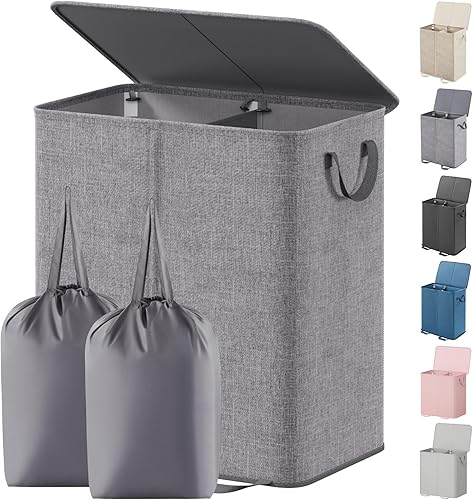 Miniatura 21 de Lifewit Cesta de lavandería doble con tapa y bolsas de lavandería extraíbles, gran plegable, 2 divisores, cesta de ropa sucia con asas para Negro